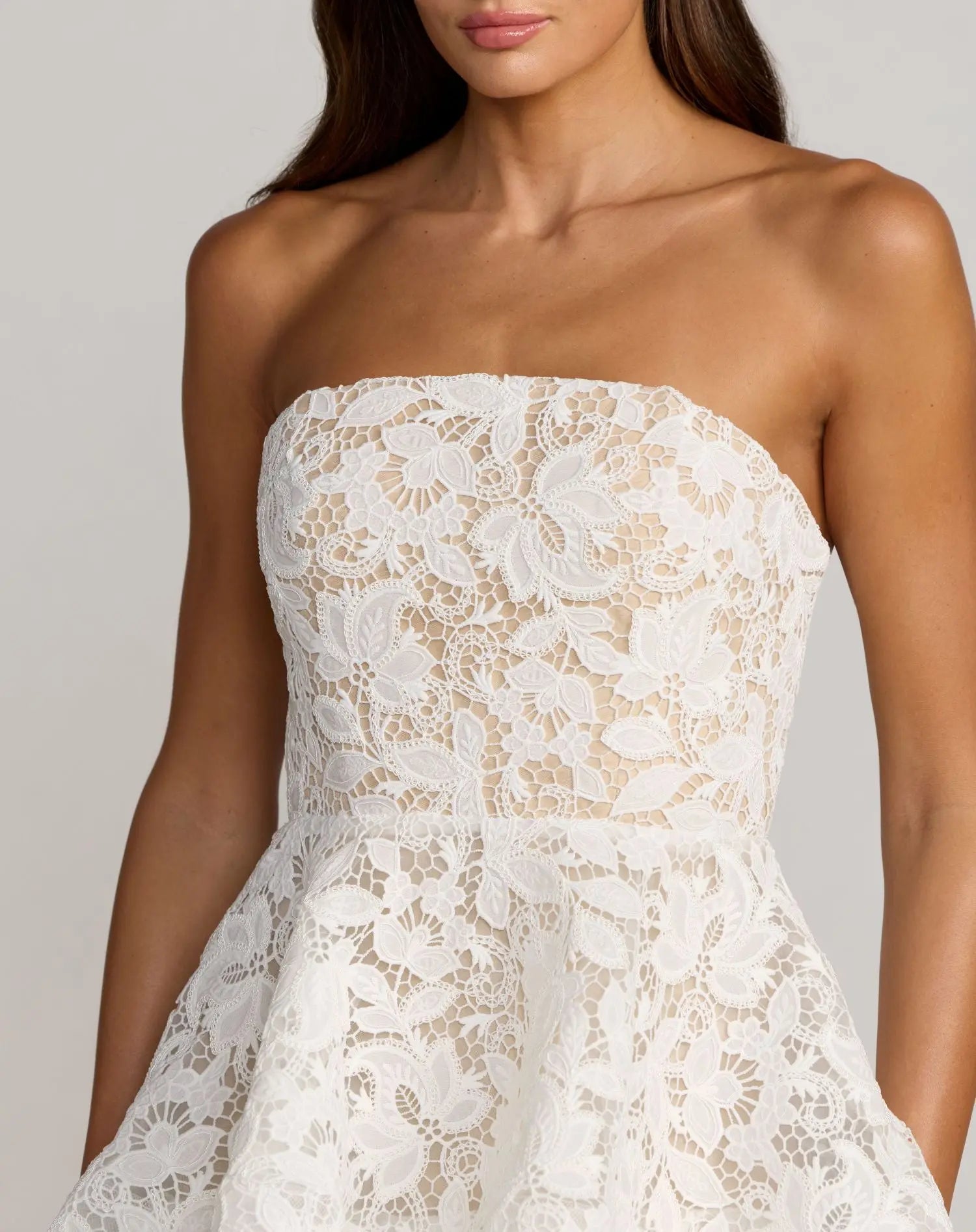 White and Beige Strapless Lace Tiered Ruffle Midi Dress-Myartka