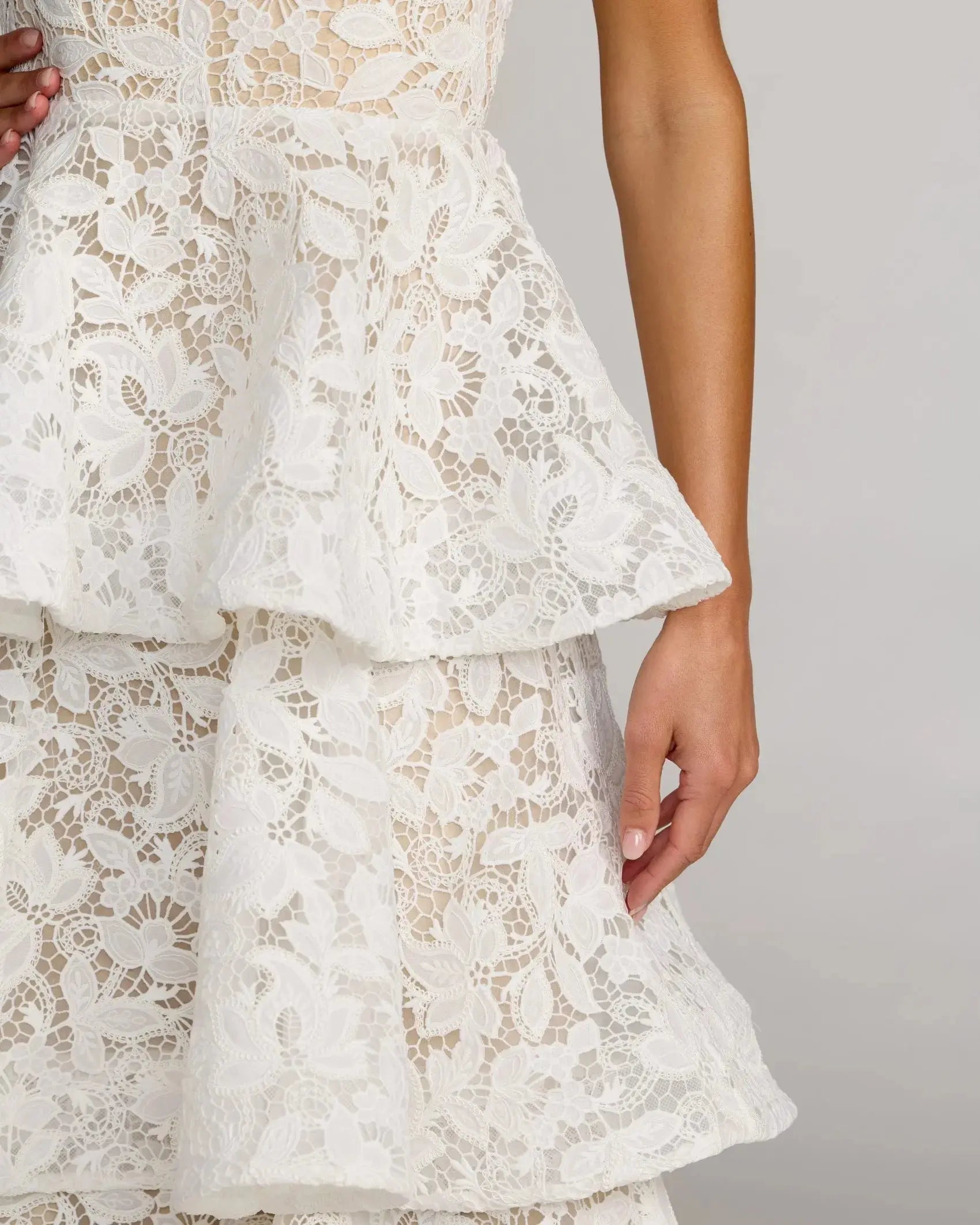 White and Beige Strapless Lace Tiered Ruffle Midi Dress-Myartka