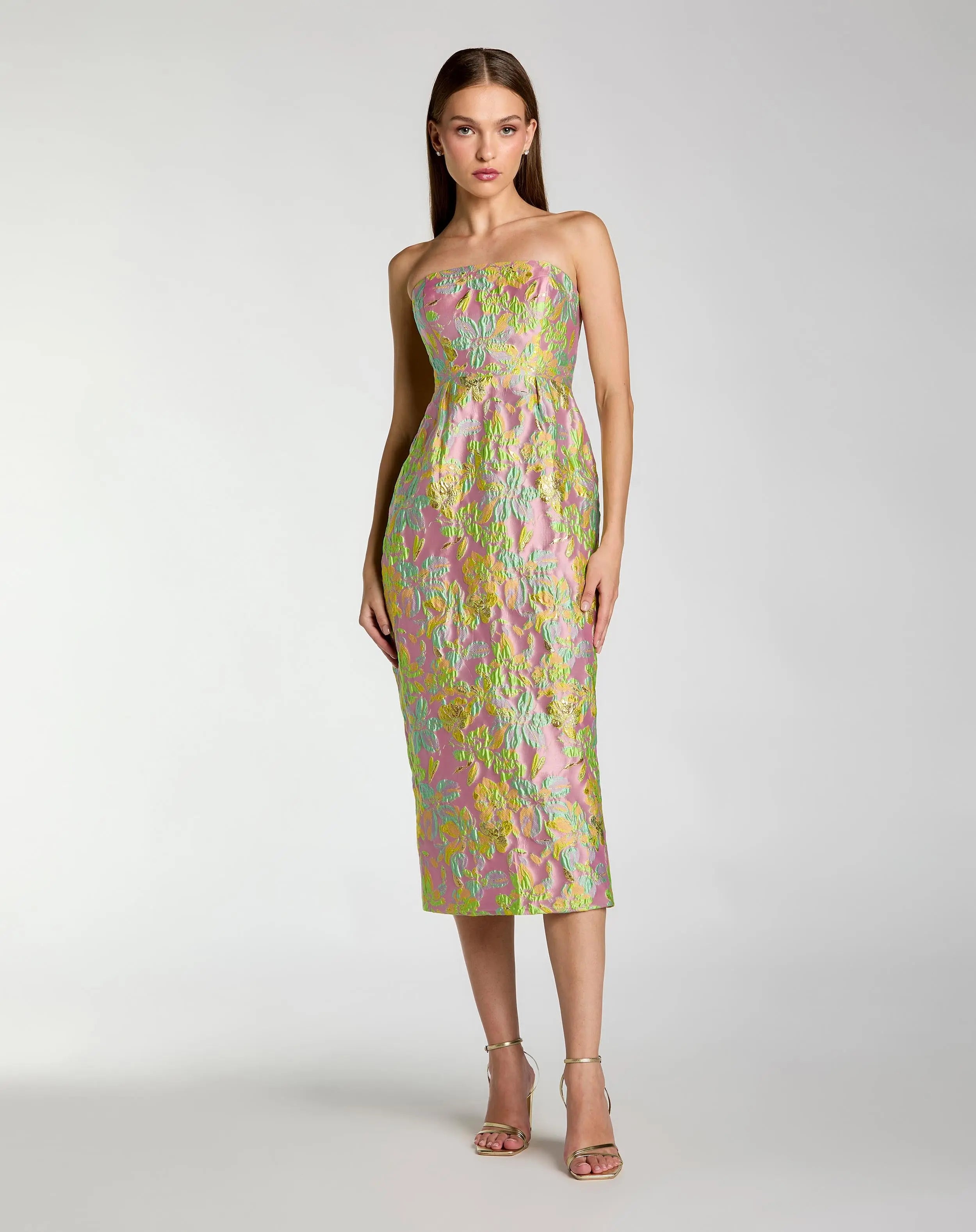 Multicolor Strapless Floral Brocade Midi Dress-Myartka
