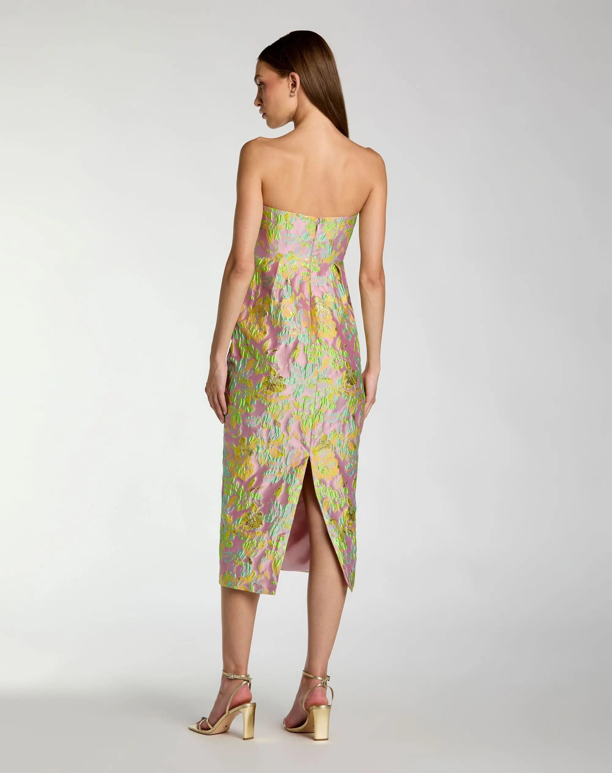 Multicolor Strapless Floral Brocade Midi Dress-Myartka