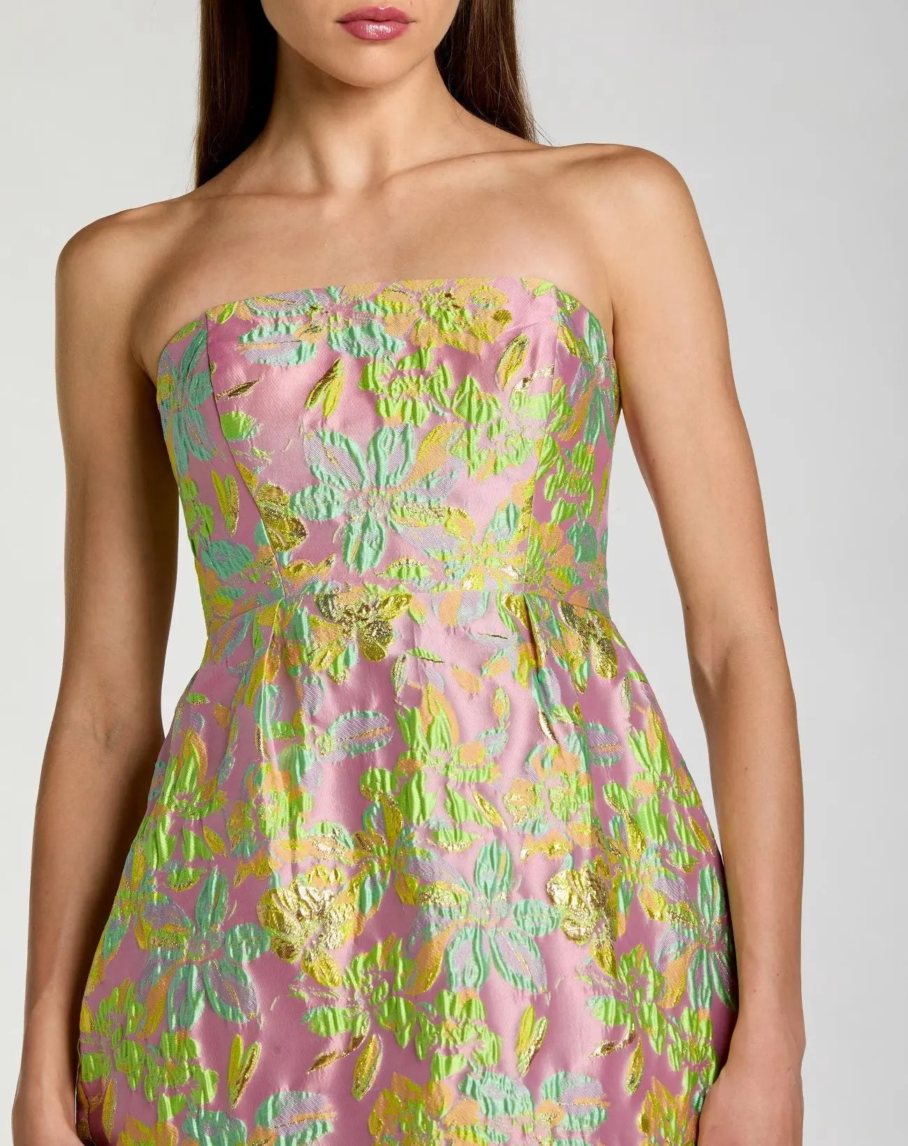 Multicolor Strapless Floral Brocade Midi Dress-Myartka