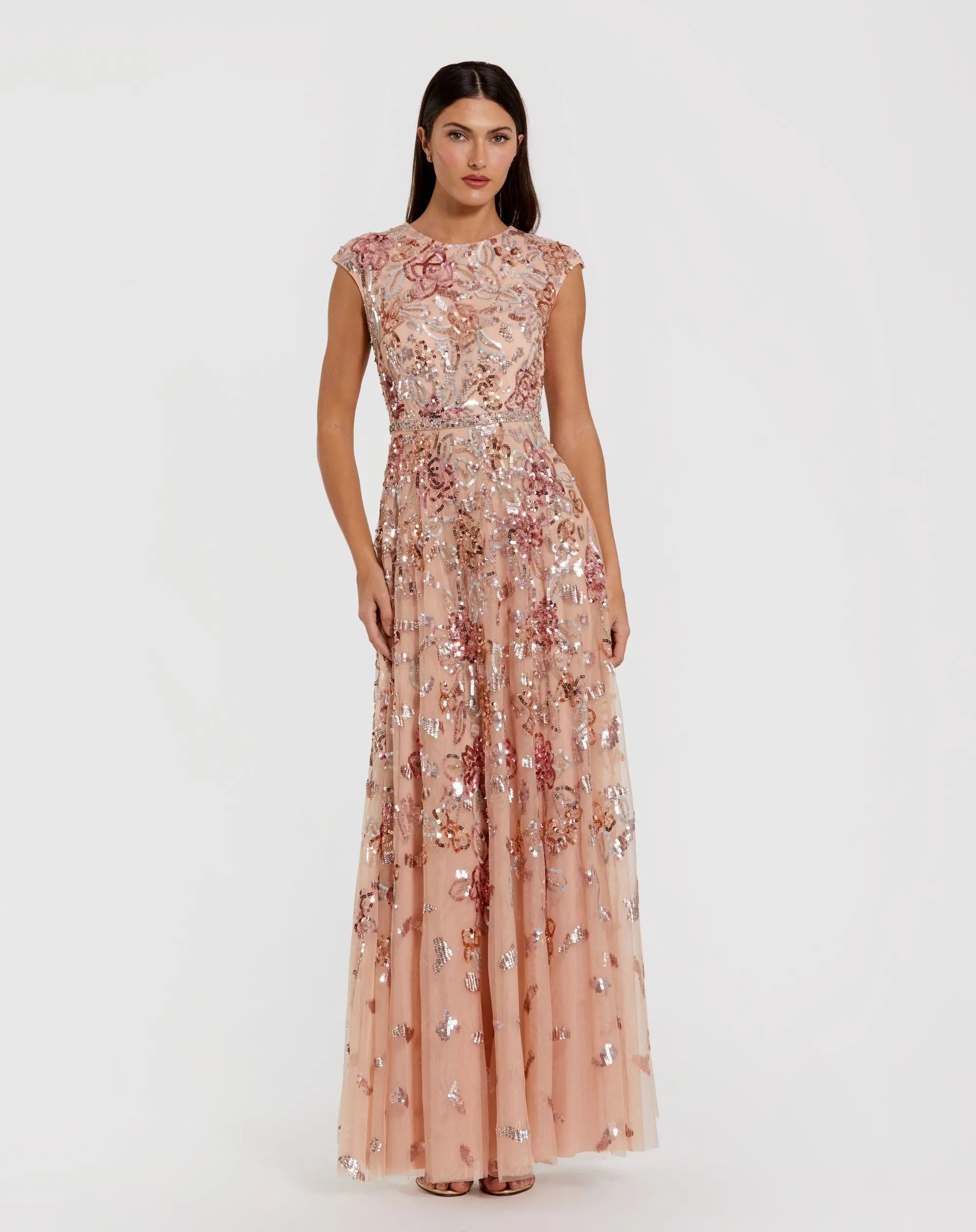 Orange Sequin High Neck Cap Sleeve A Line Gown-Myartka
