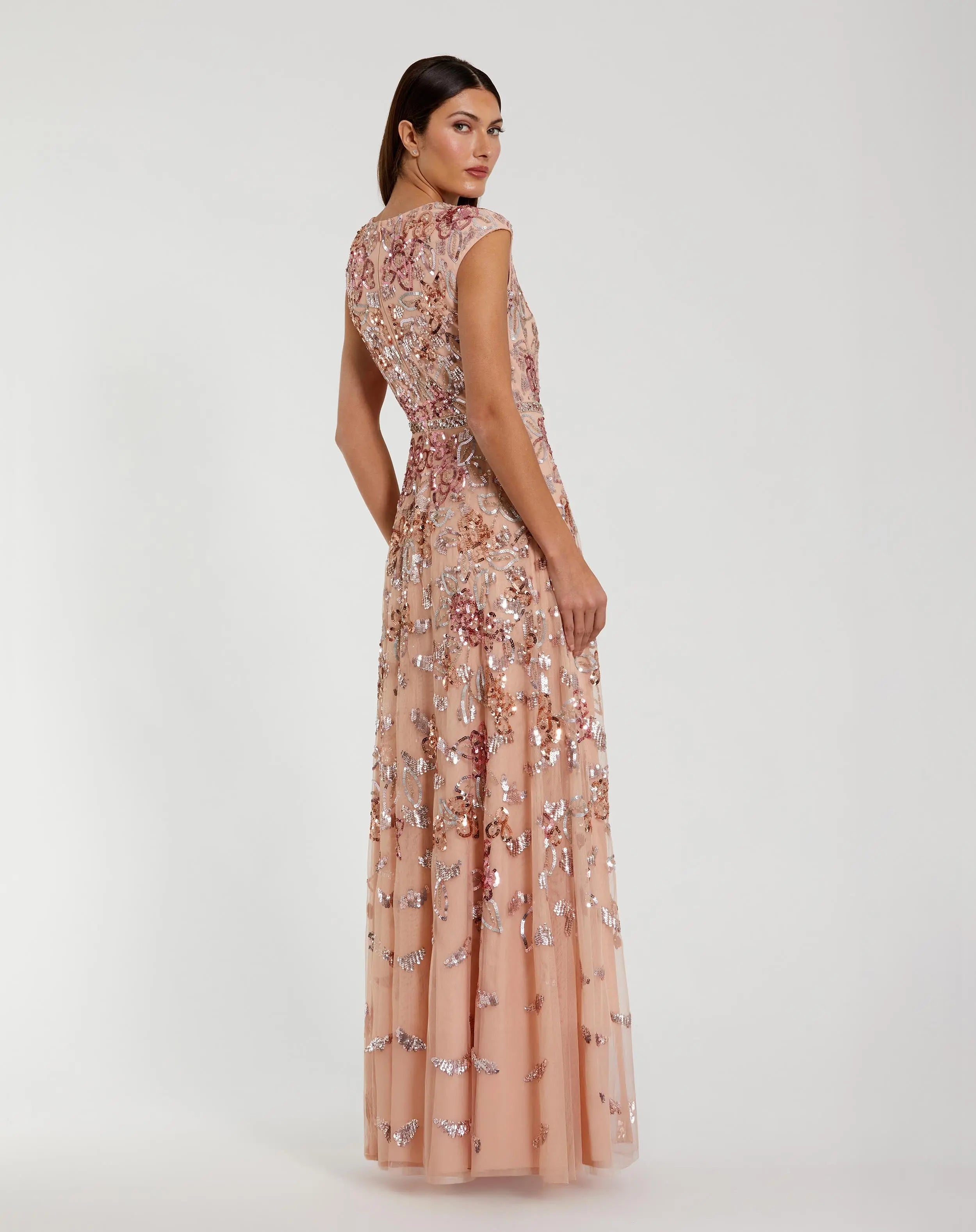 Orange Sequin High Neck Cap Sleeve A Line Gown-Myartka