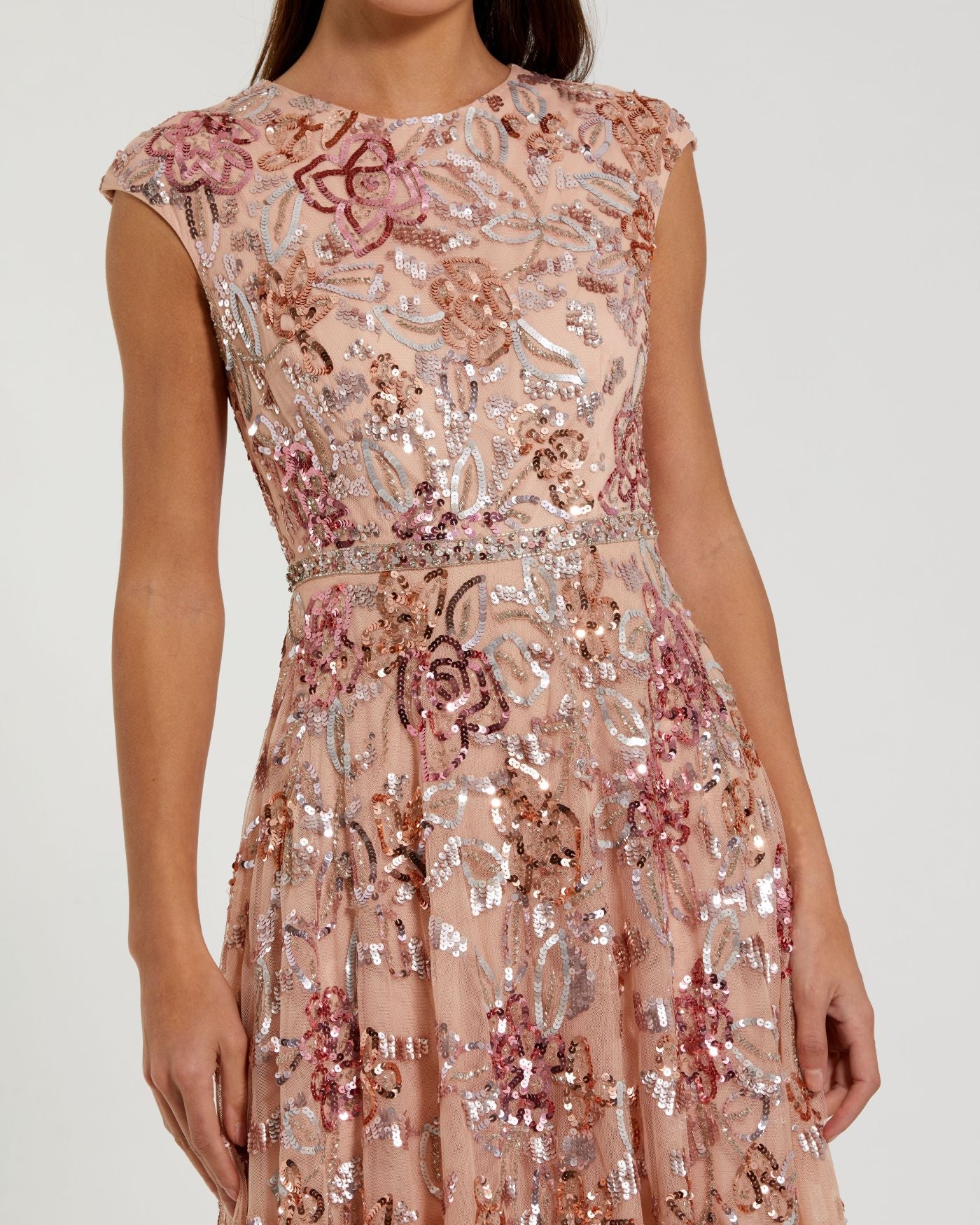 Orange Sequin High Neck Cap Sleeve A Line Gown-Myartka