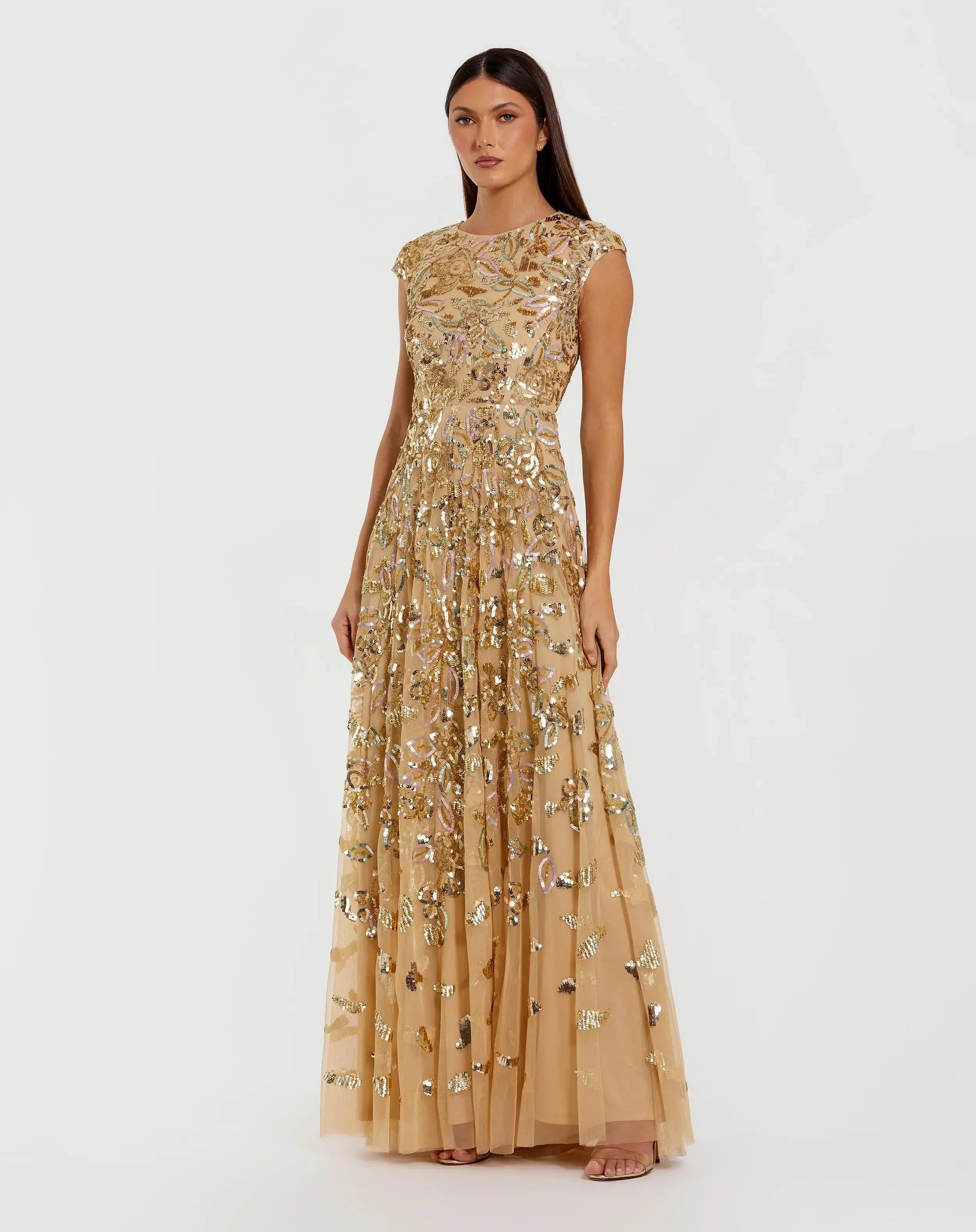 Sequined High Neck Cap Sleeve A Line Gown-Myartka