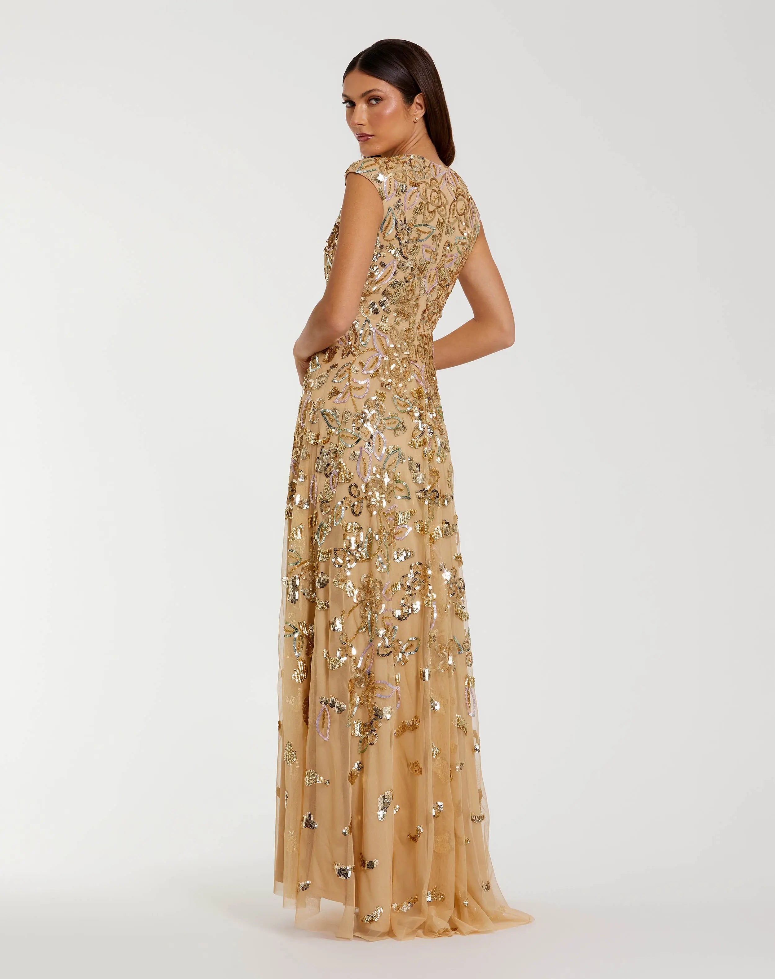 Gold Sequin High Neck Cap Sleeve A Line Gown-Myartka