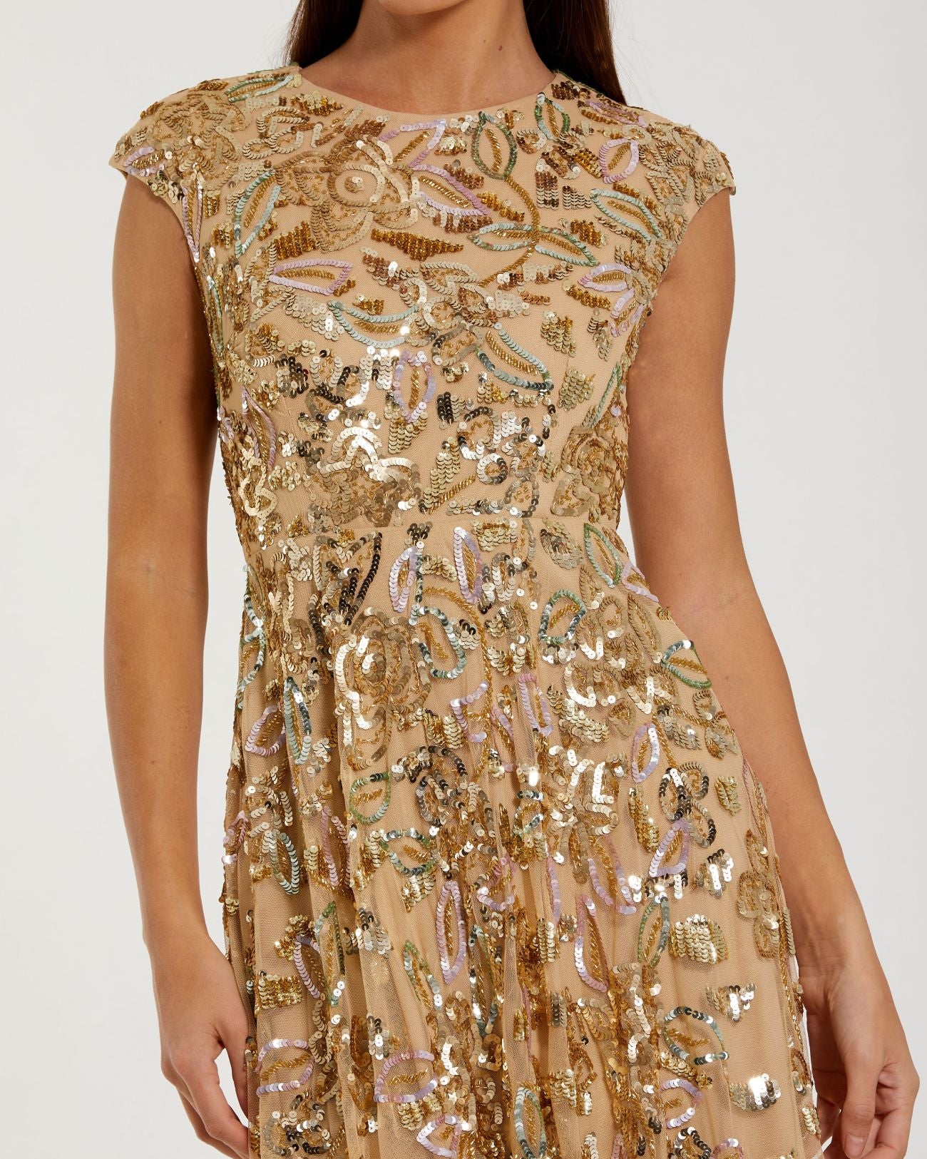 Gold Sequin High Neck Cap Sleeve A Line Gown-Myartka