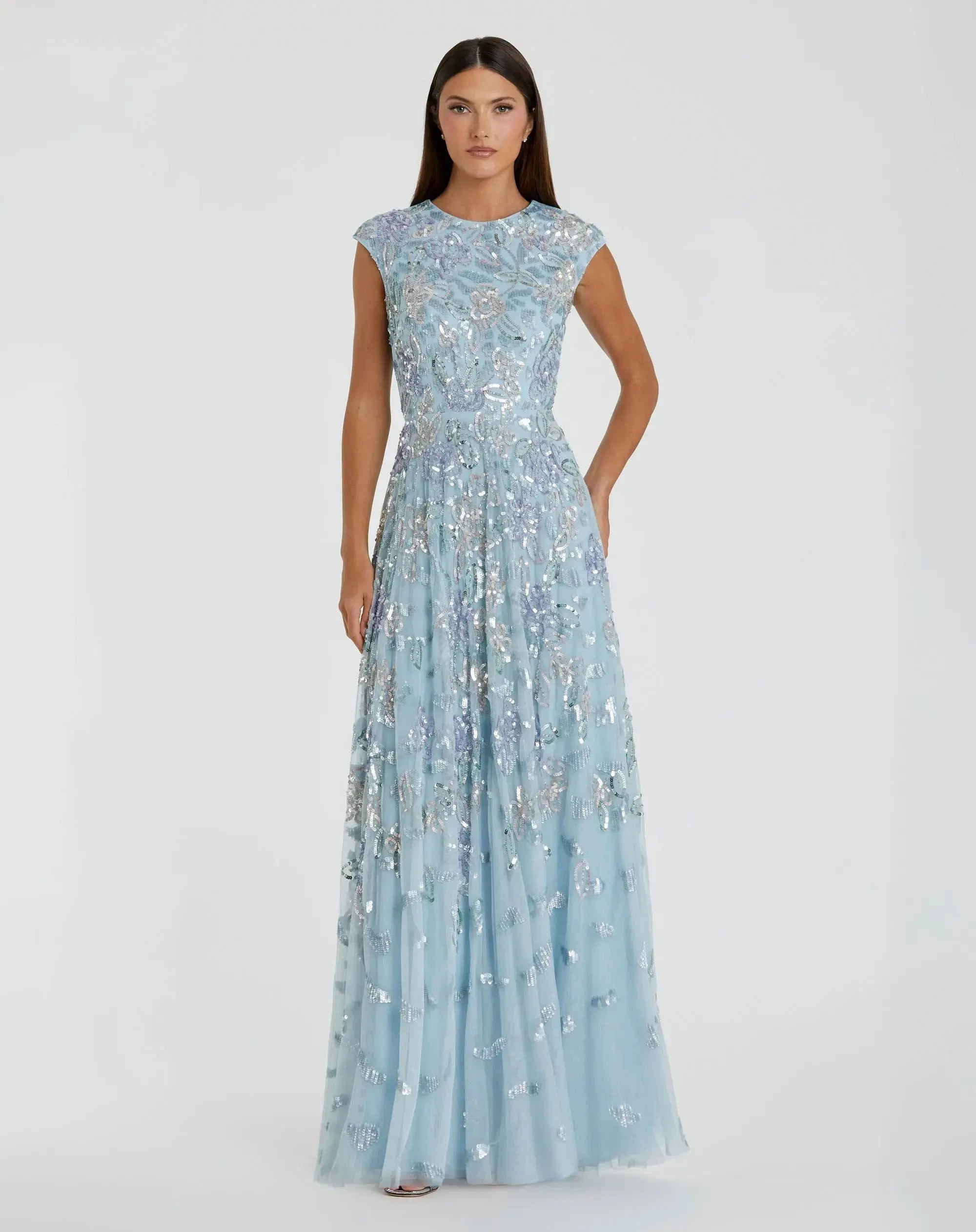 Blue Sequined High Neck Cap Sleeve A Line Gown-Myartka