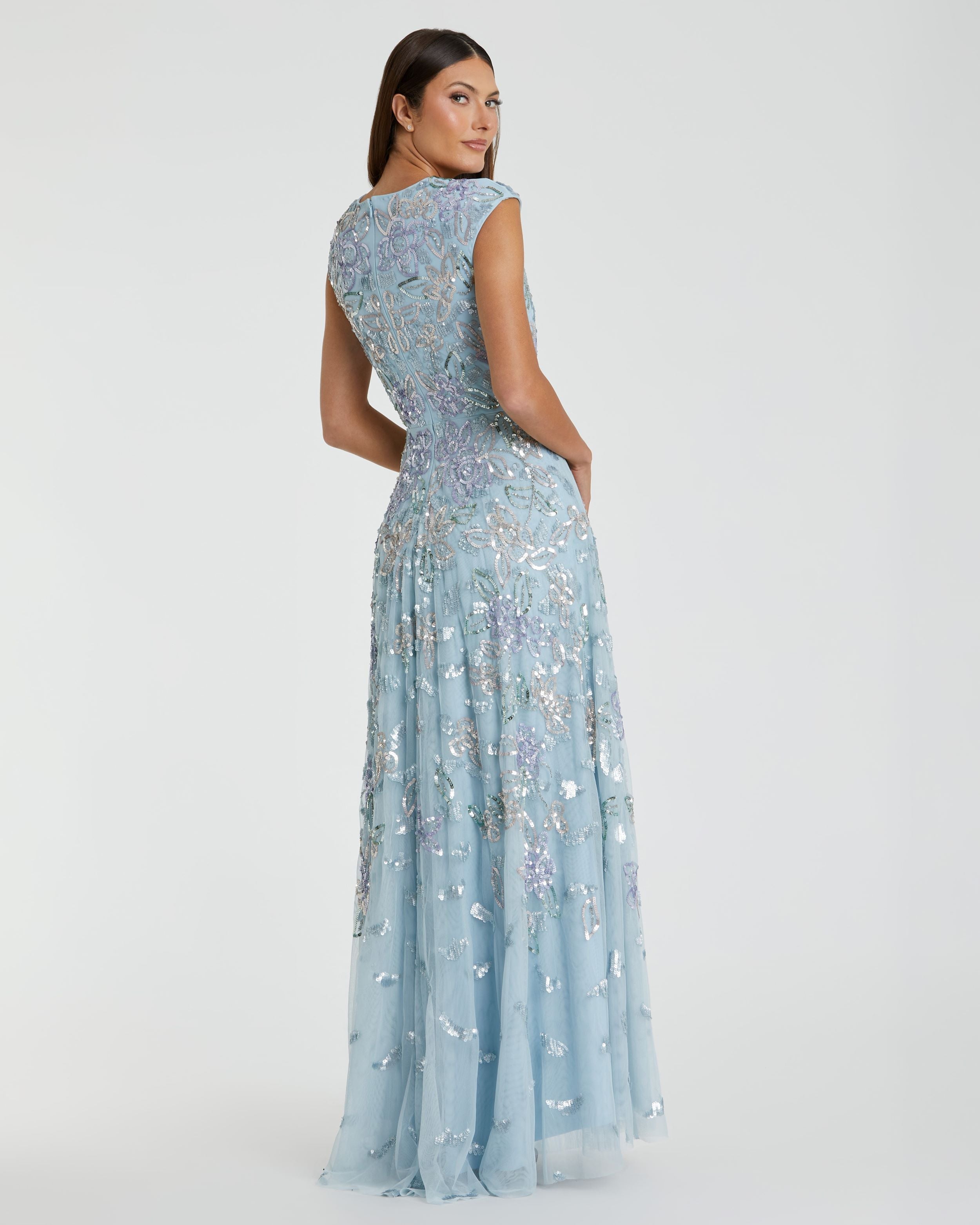 Blue Sequined High Neck Cap Sleeve A Line Gown-Myartka