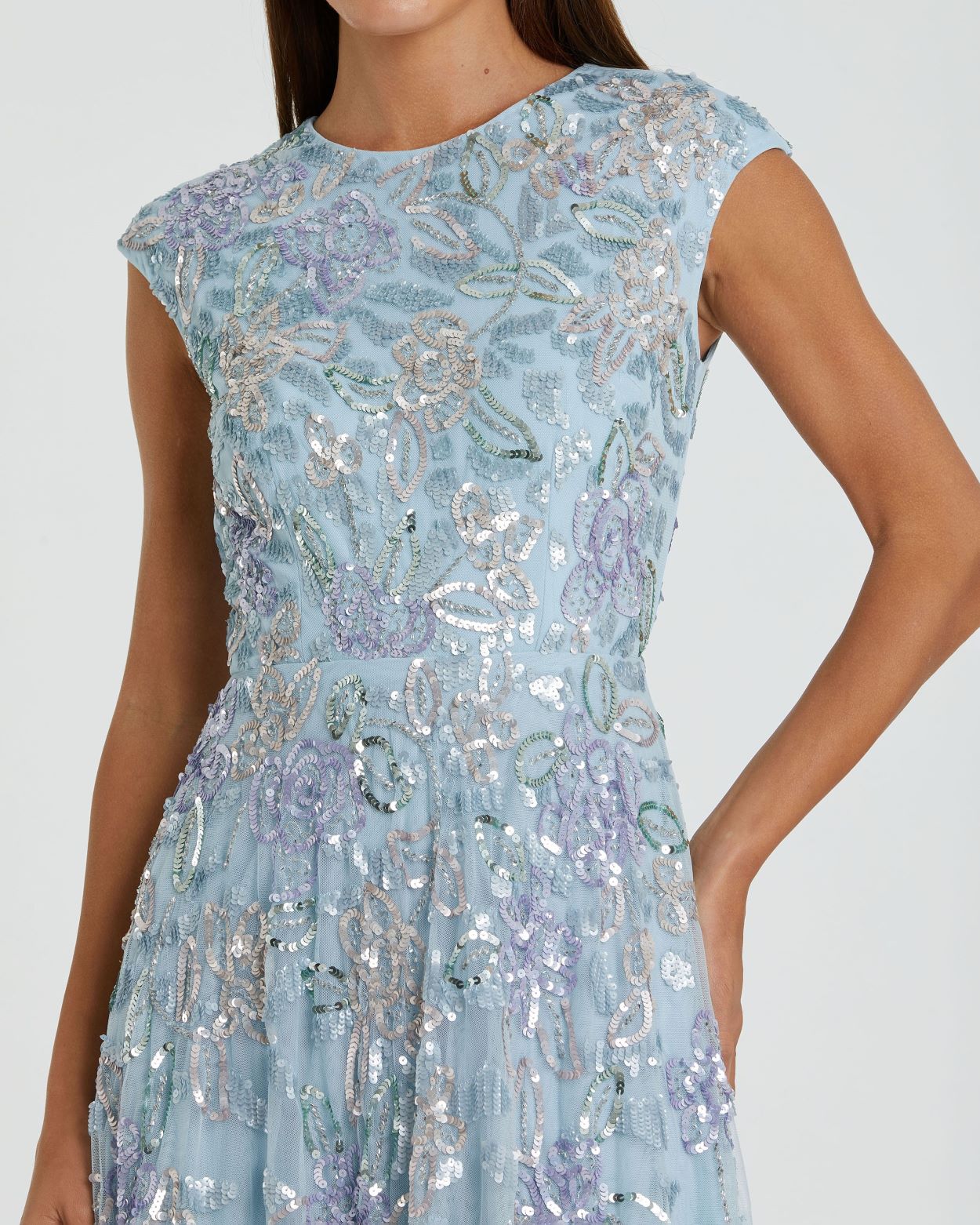 Blue Sequined High Neck Cap Sleeve A Line Gown-Myartka