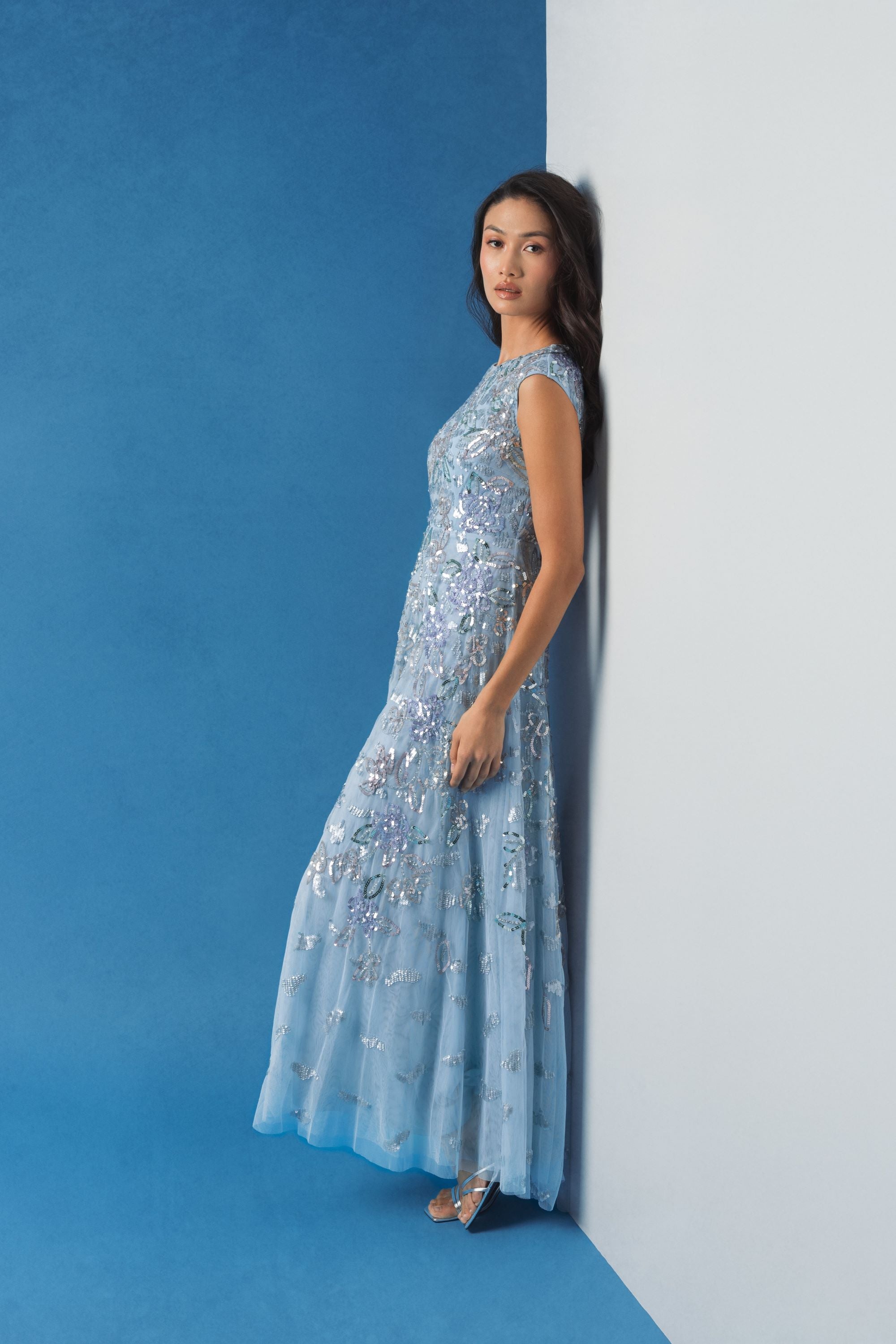 Blue Sequined High Neck Cap Sleeve A Line Gown-Myartka
