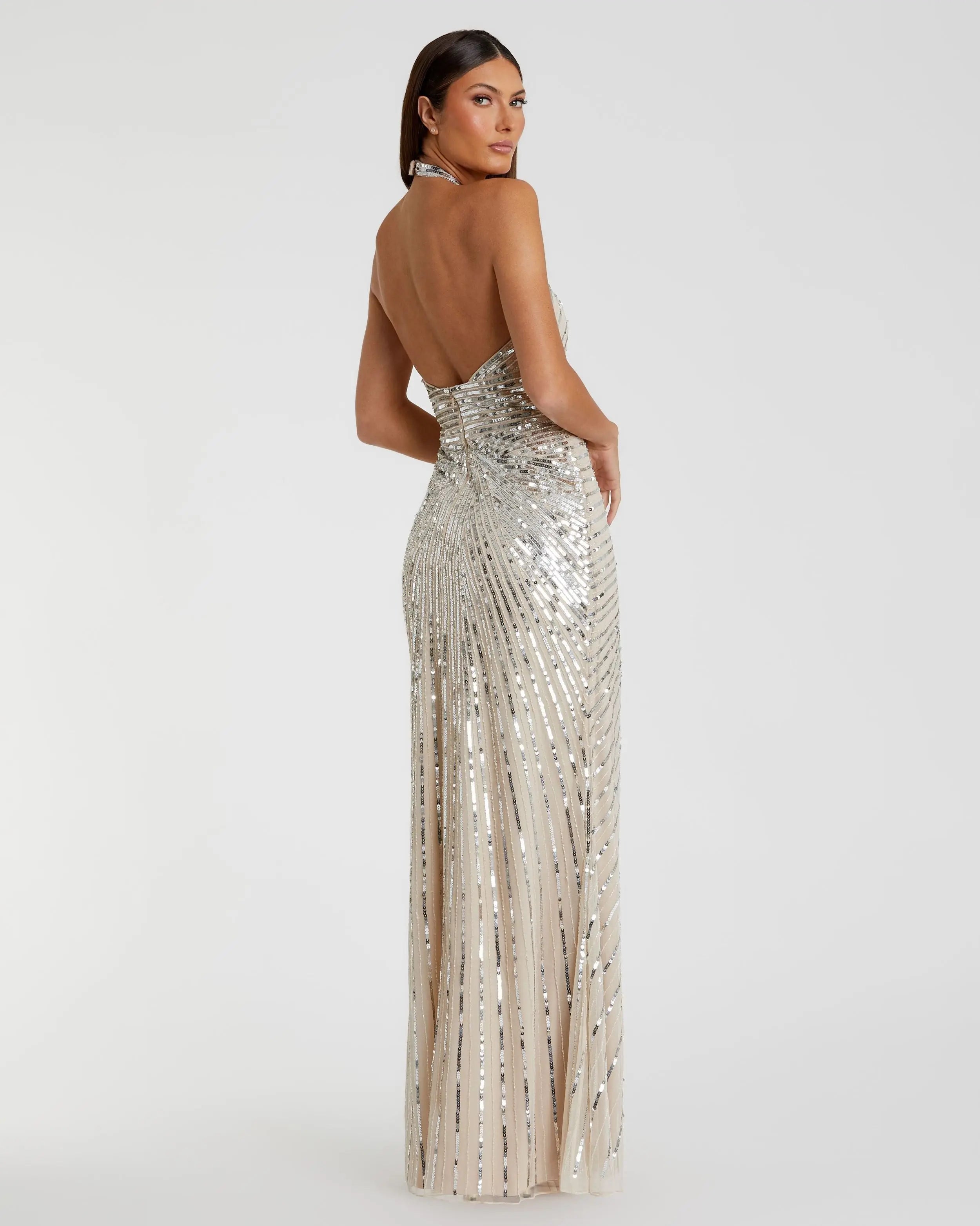 Silver Sequin Halter Keyhole Column Gown-Myartka