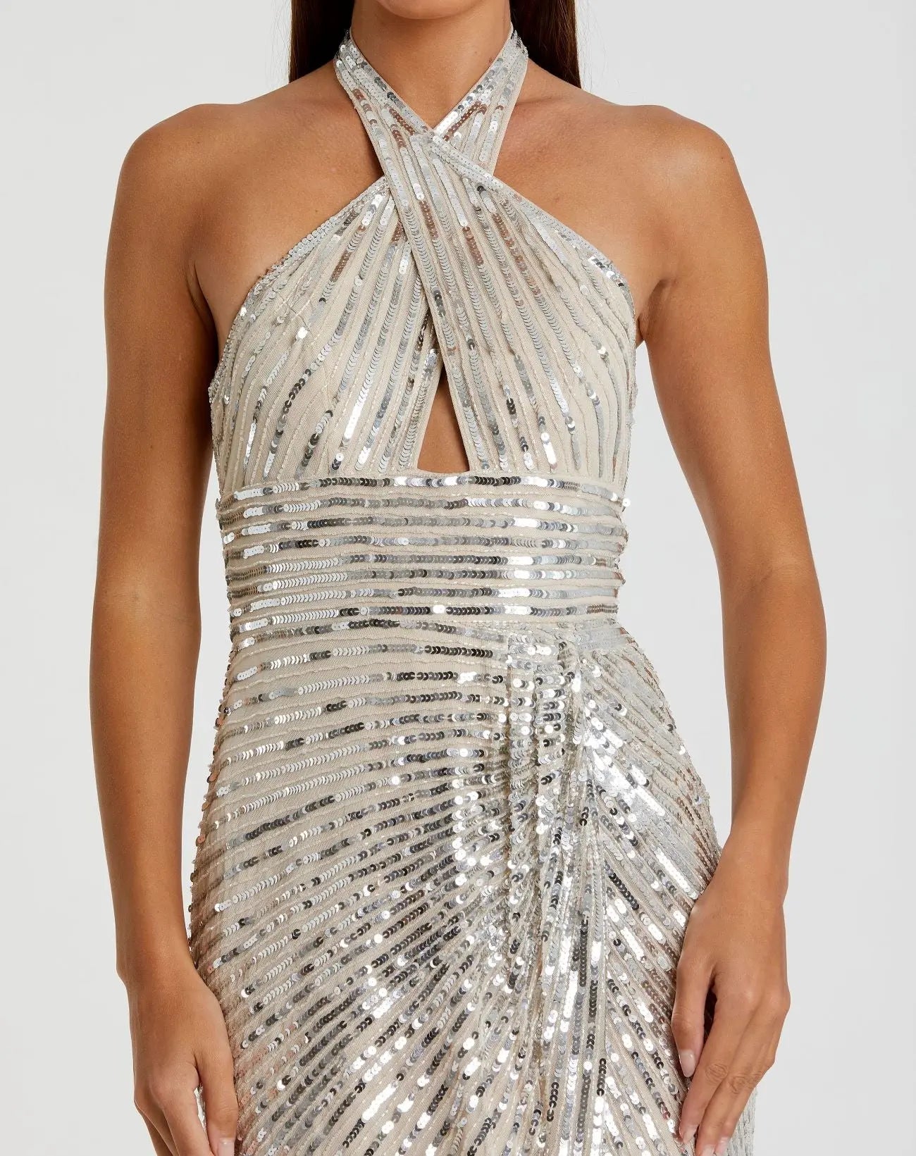 Silver Sequin Halter Keyhole Column Gown-Myartka