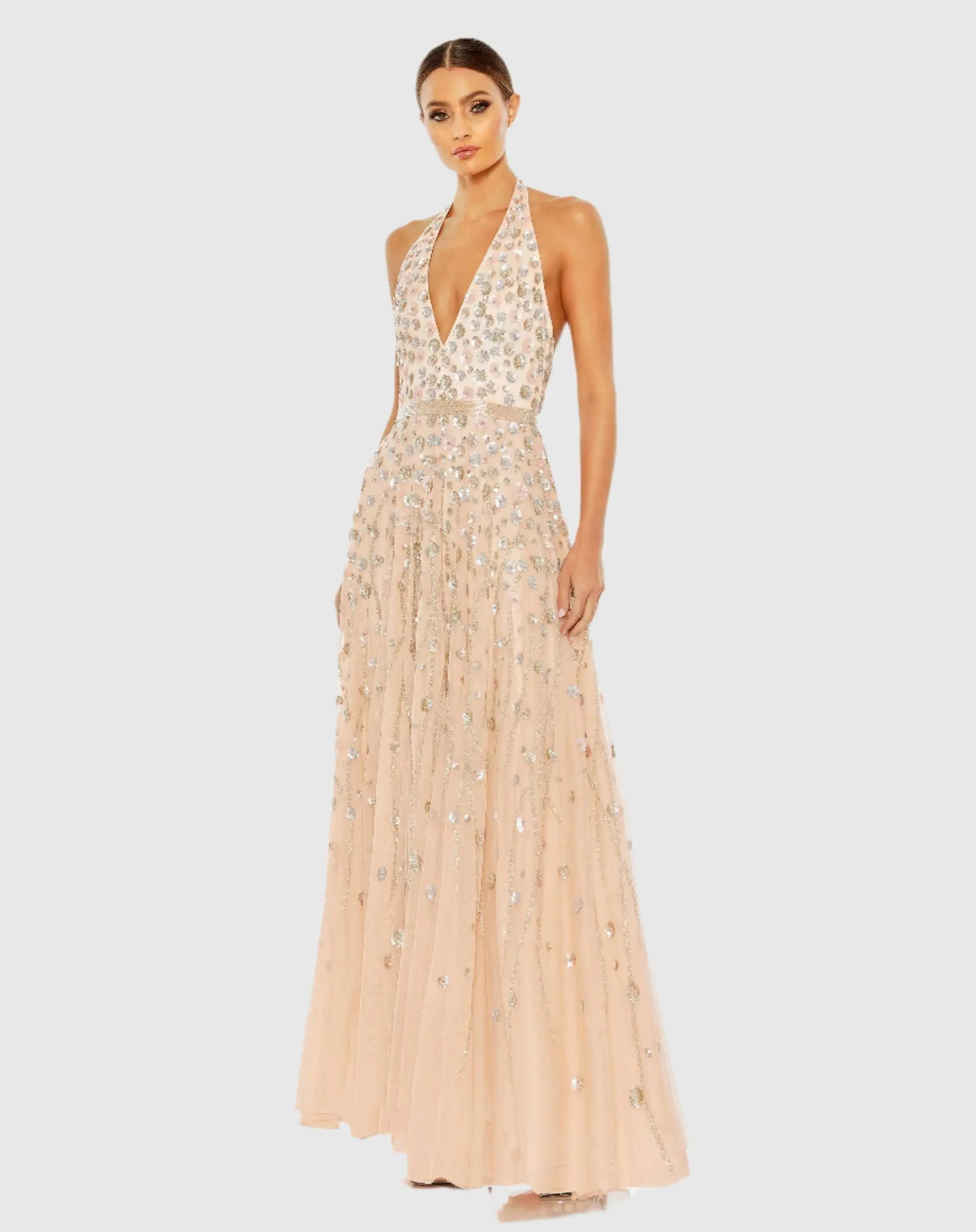 Pink Floral Embellished Halter Strap A Line Gown-Myartka