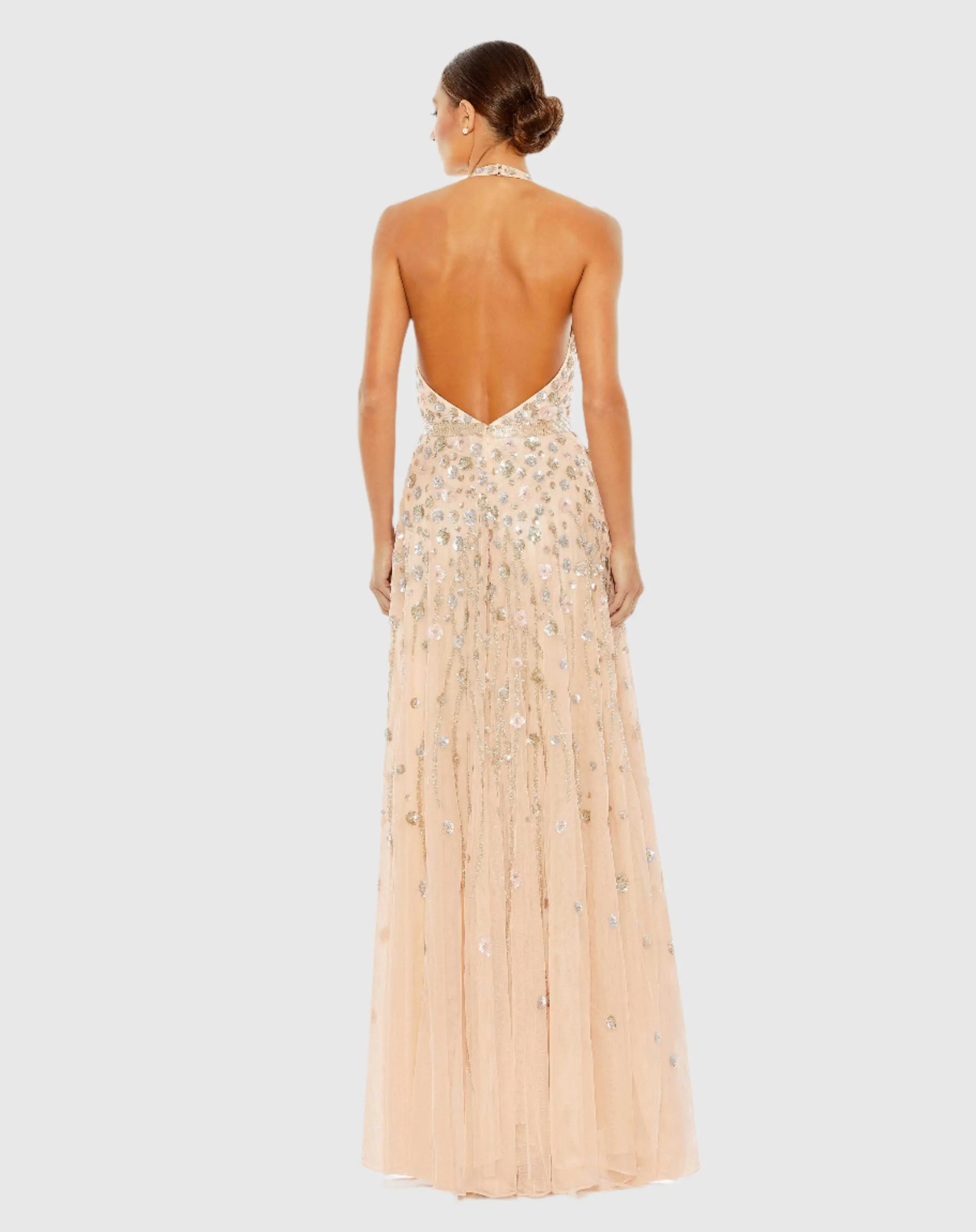 Pink Floral Embellished Halter Strap A Line Gown-Myartka