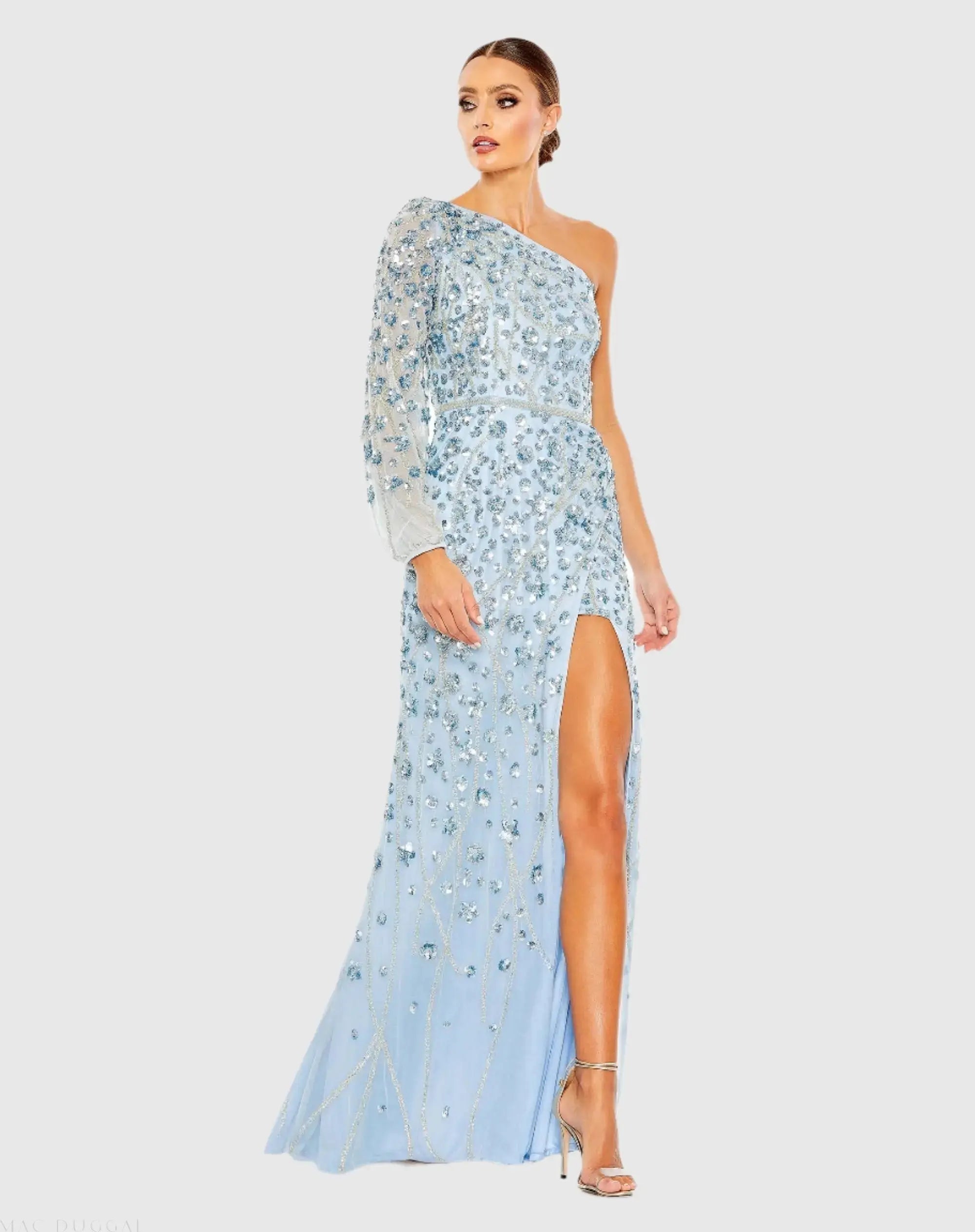 Embellished One Sleeve Faux Wrap Gown-Myartka