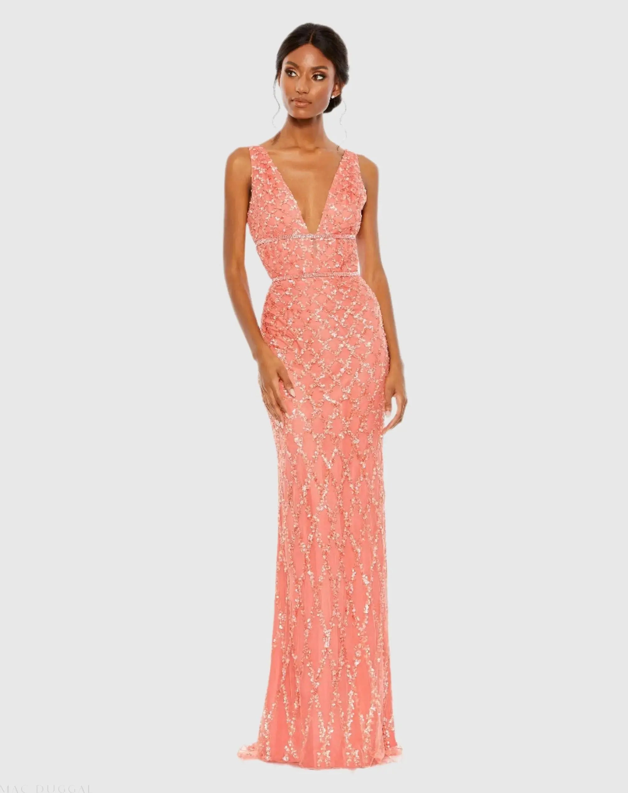 Sequined Plunge Neck Sleeveless Column Gown-Myartka