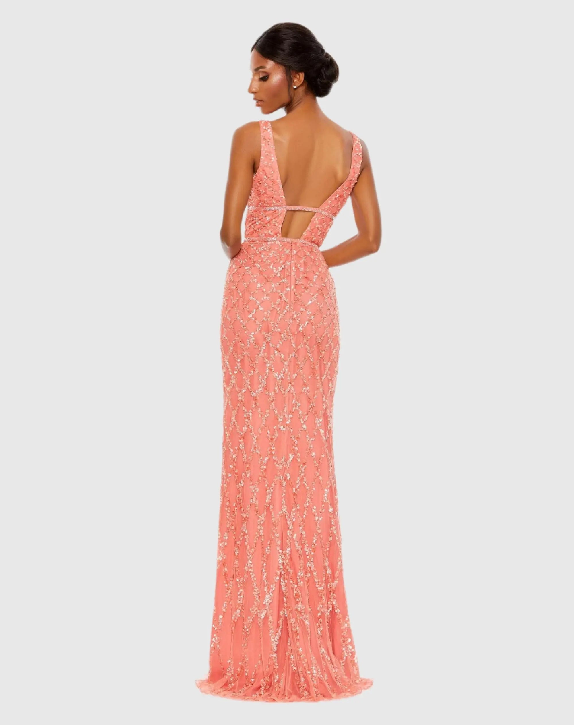Pink Sequin Embellished Sleeveless Column Gown-Myartka