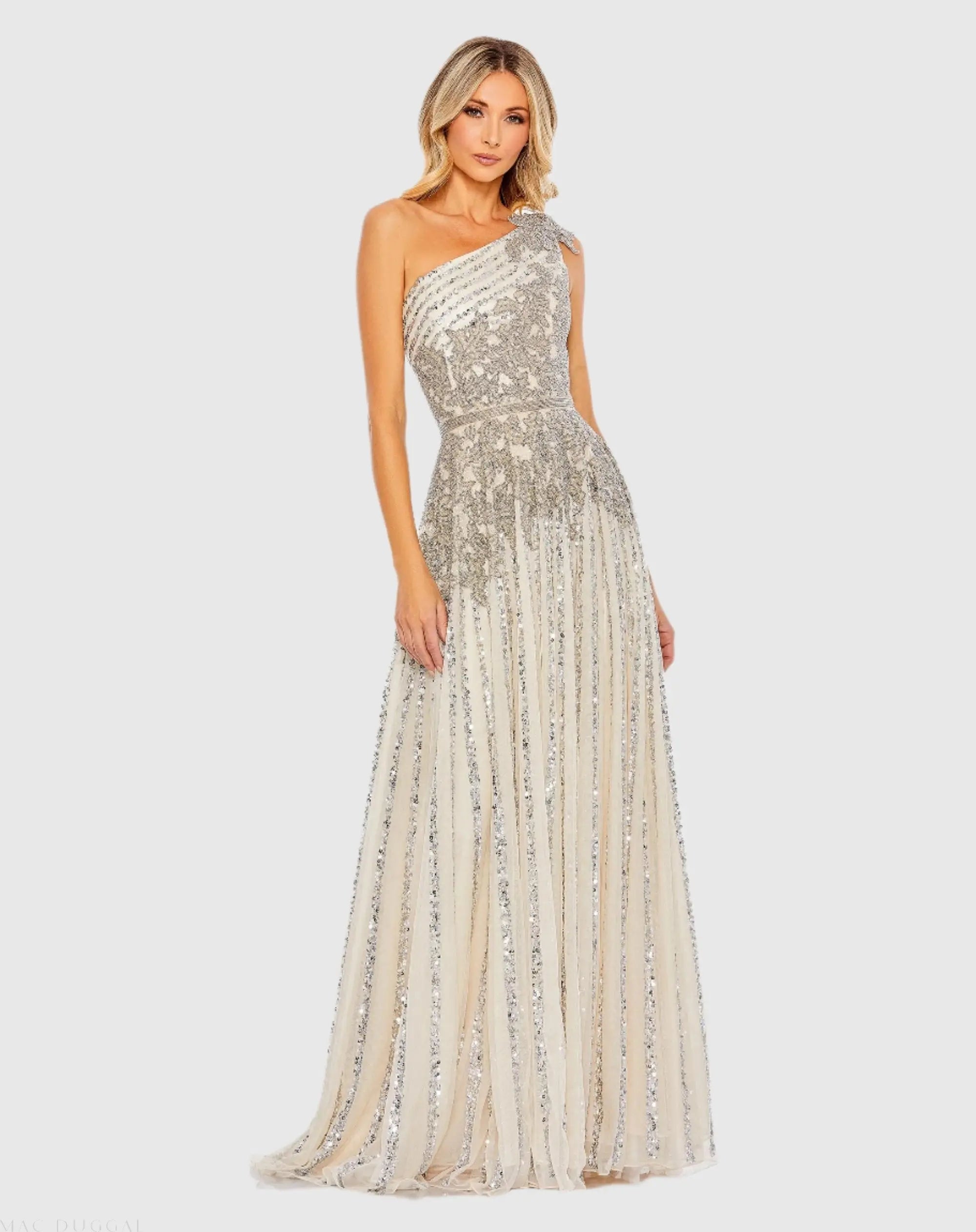 Silver Beaded Embellished One Shoulder A Line Gown-Myartka