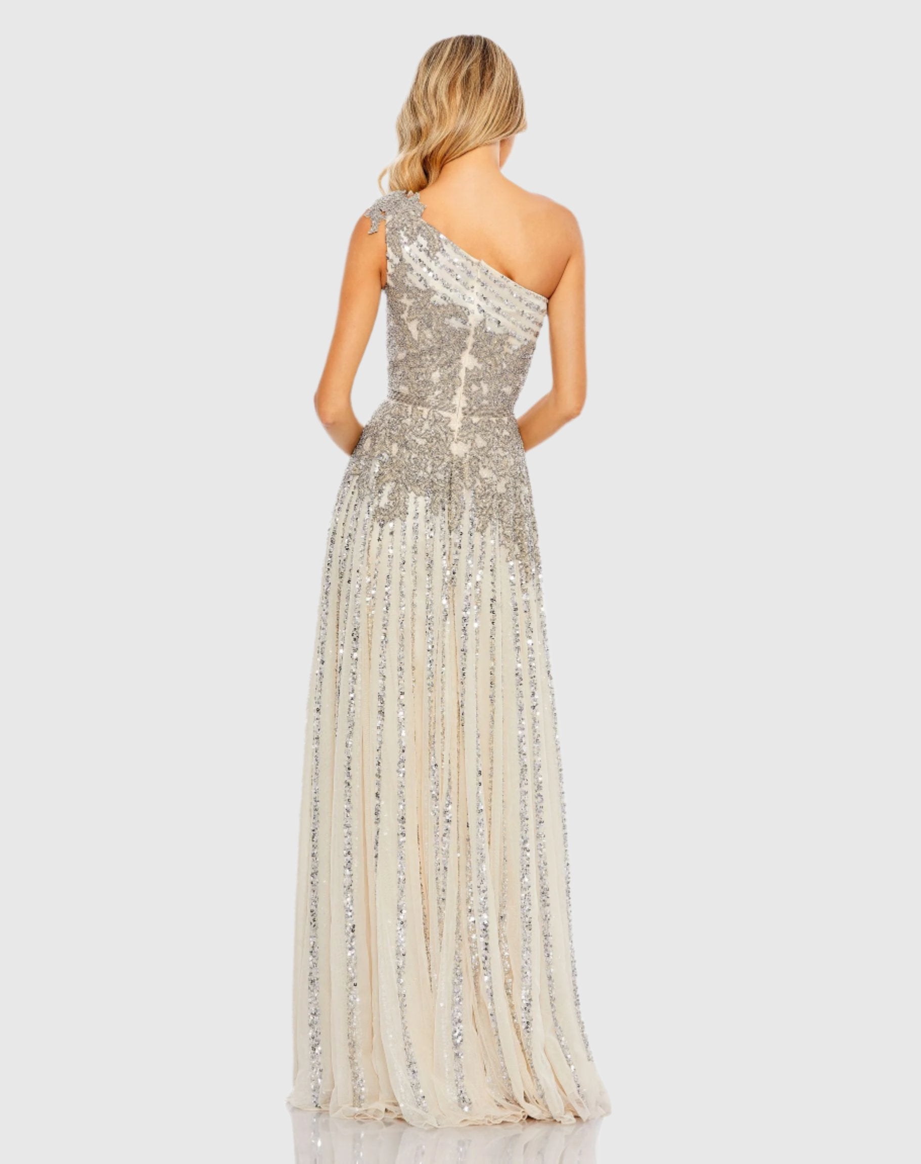 Silver Beaded Embellished One Shoulder A Line Gown-Myartka