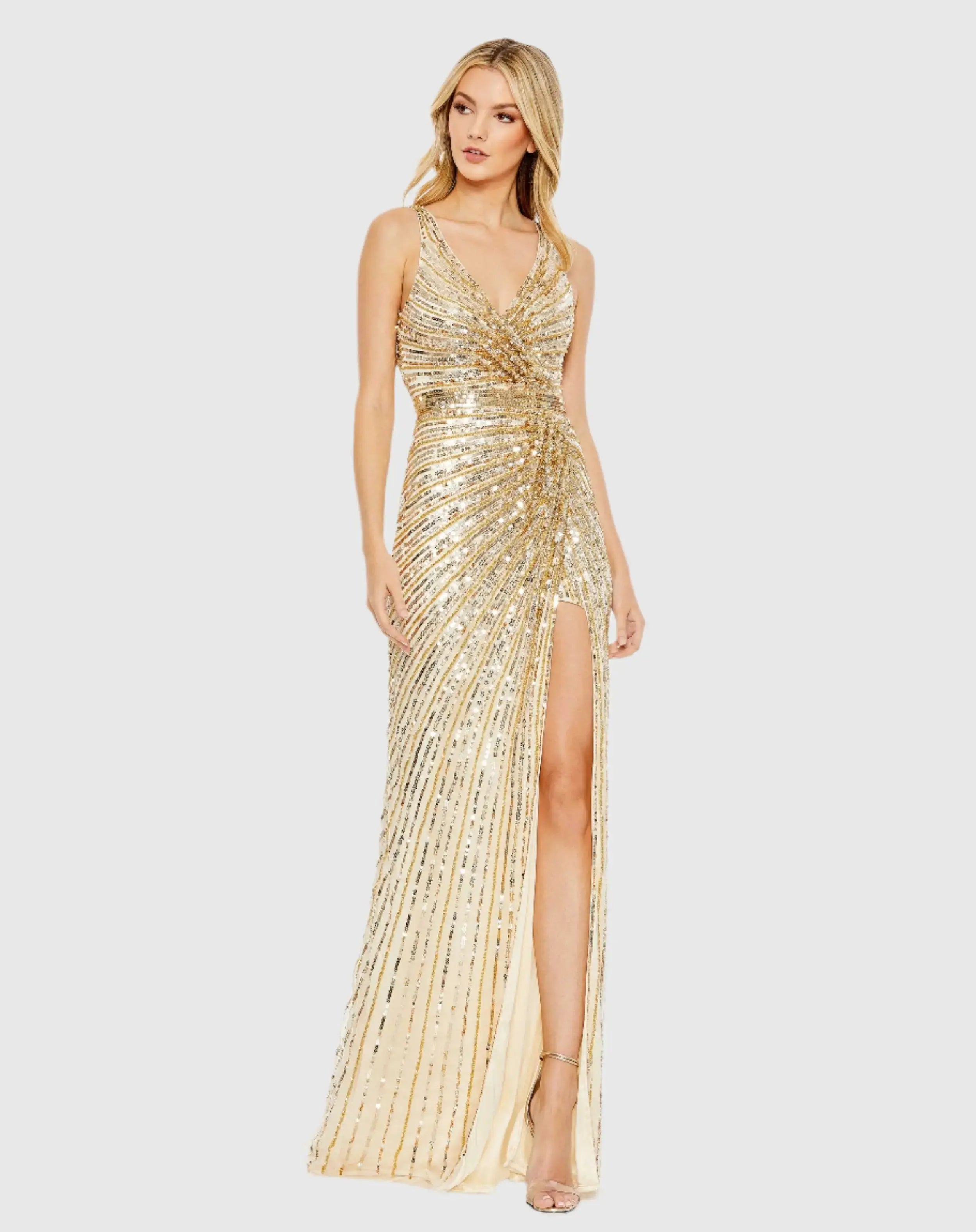 Sequined Faux Wrap Sleeveless Gown-Myartka