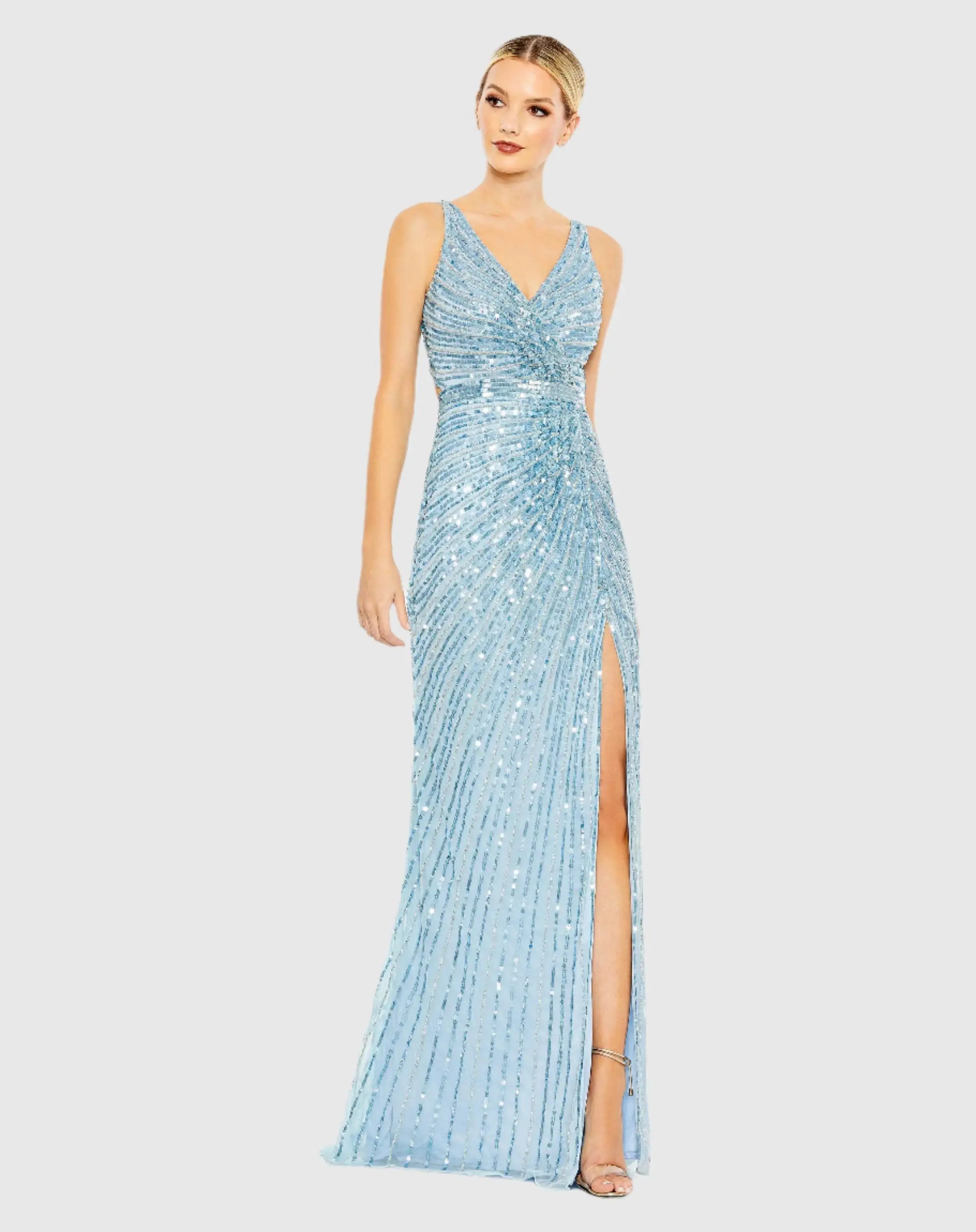 Sequined Faux Wrap Sleeveless Gown-Myartka