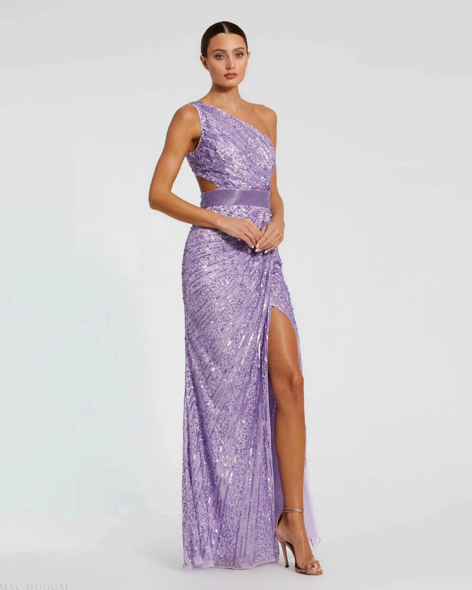 Purple Sequined One Shoulder Draped Lace Up Gown-Myartka