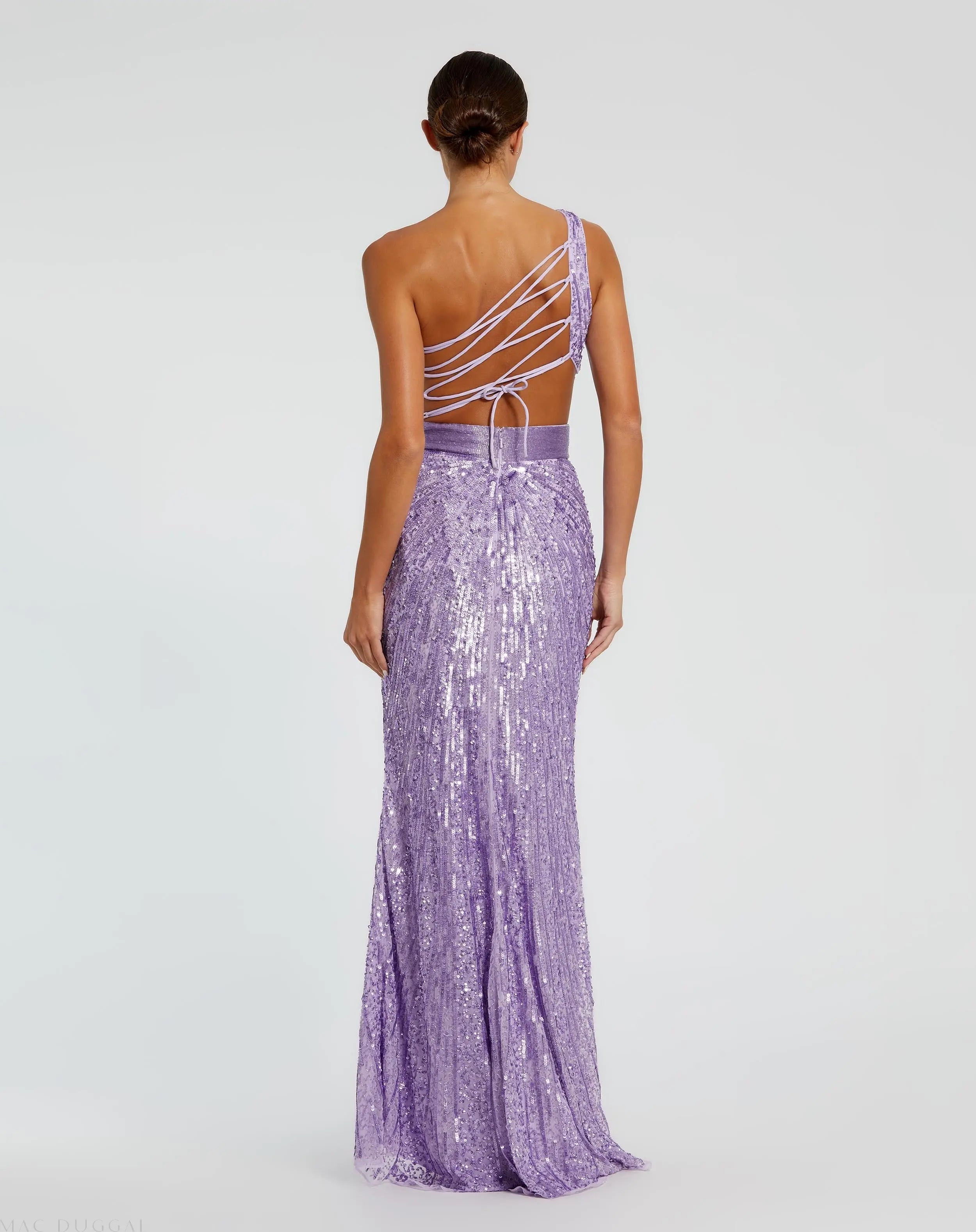 Purple Sequined One Shoulder Draped Lace Up Gown-Myartka