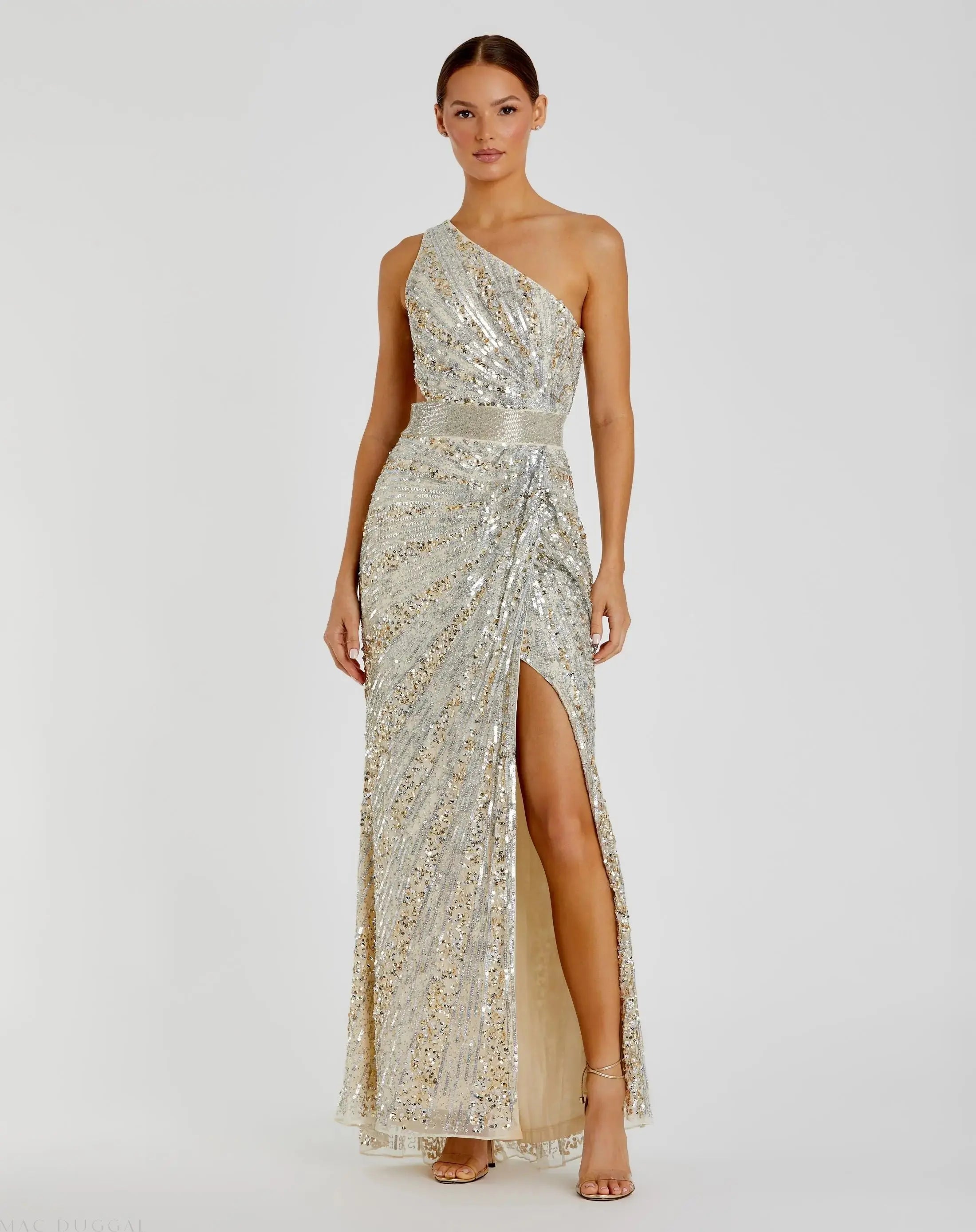 Silver Sequined One Shoulder Draped Lace Up Gown-Myartka