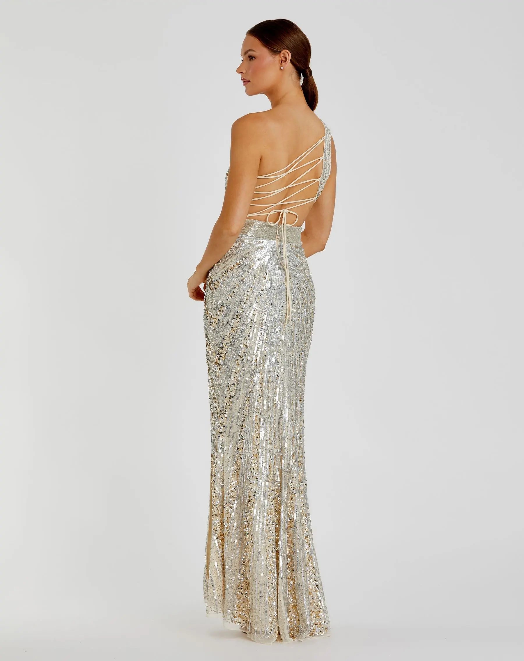 Silver Sequined One Shoulder Draped Lace Up Gown-Myartka