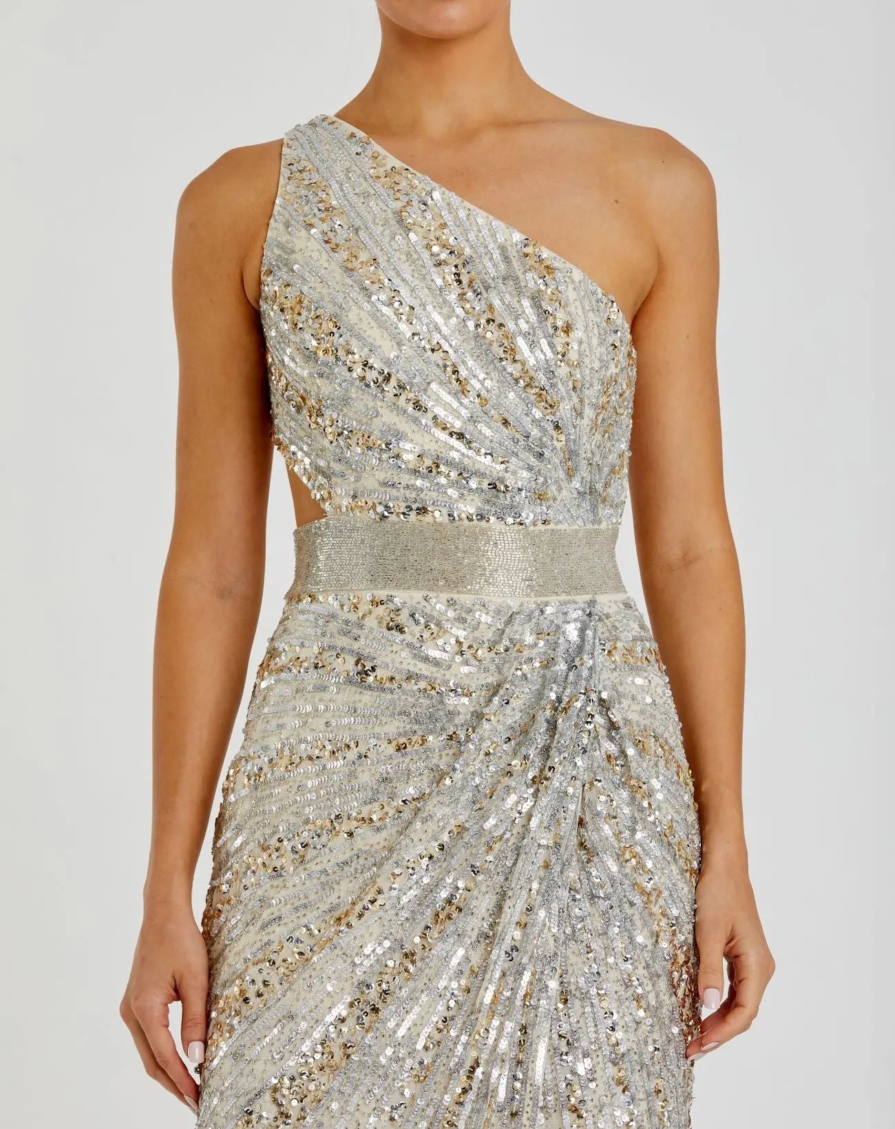 Silver Sequined One Shoulder Draped Lace Up Gown-Myartka