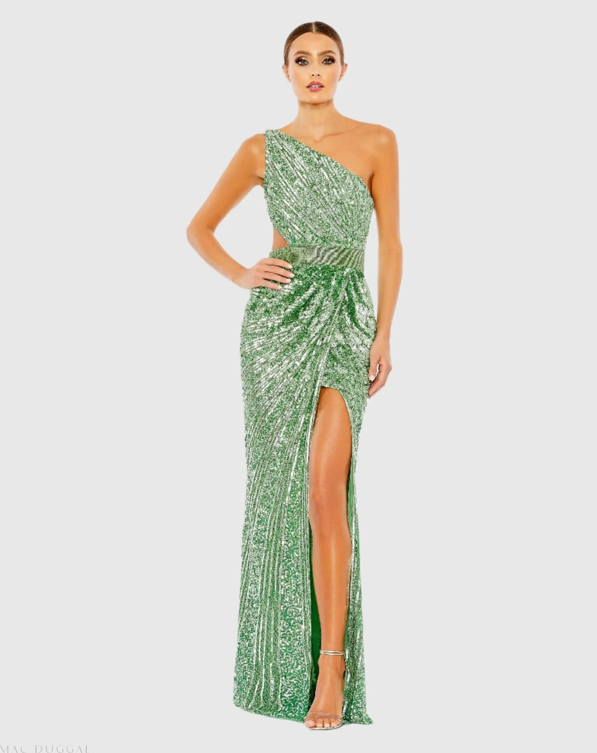 Green Sequined One Shoulder Draped Lace Up Gown-Myartka