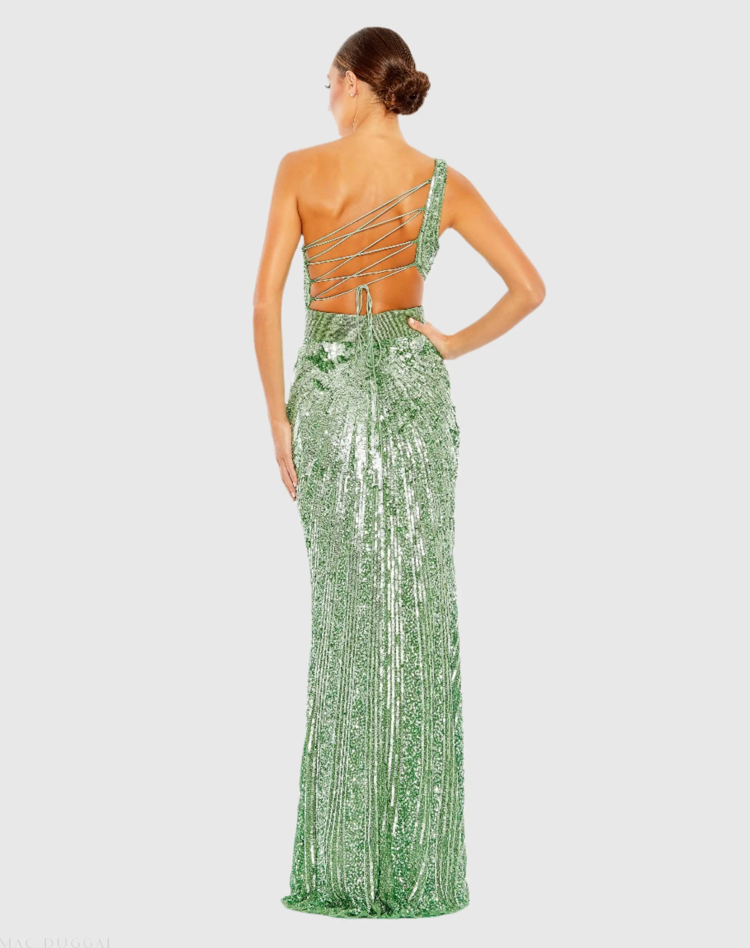Green Sequined One Shoulder Draped Lace Up Gown-Myartka