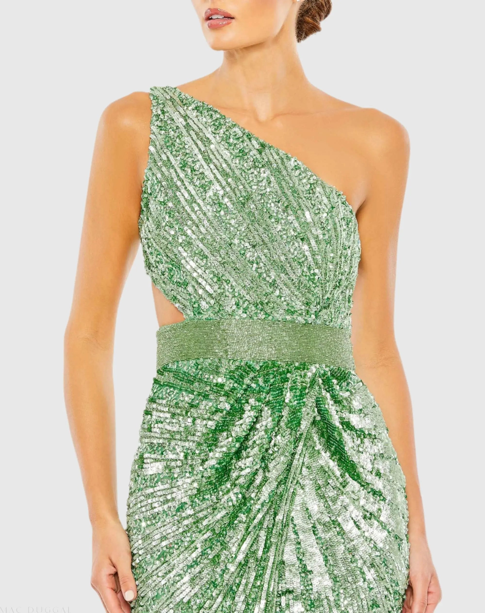 Green Sequined One Shoulder Draped Lace Up Gown-Myartka