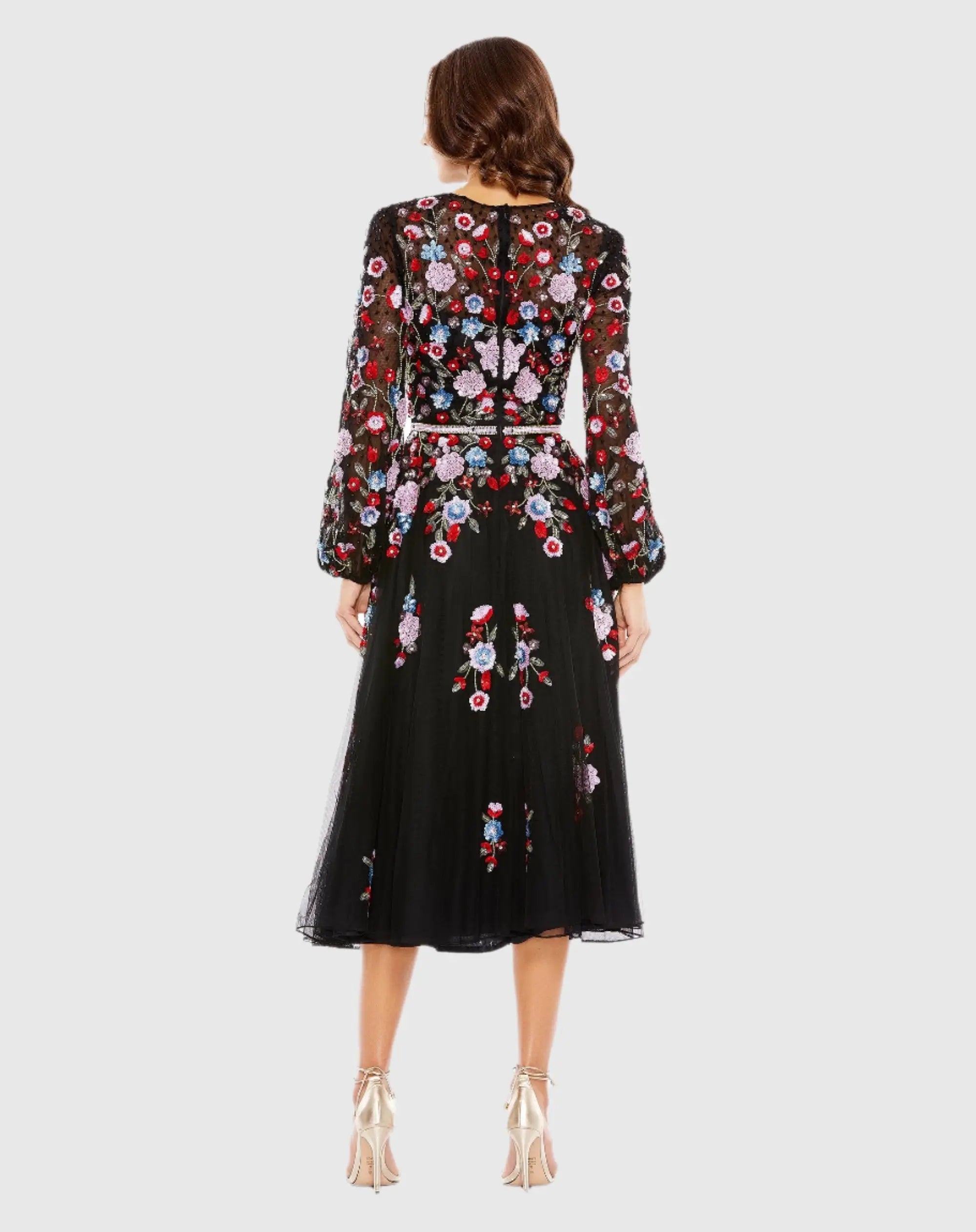 Black Sequined Floral High Neck Puff Sleeve Cocktail Dress-Myartka