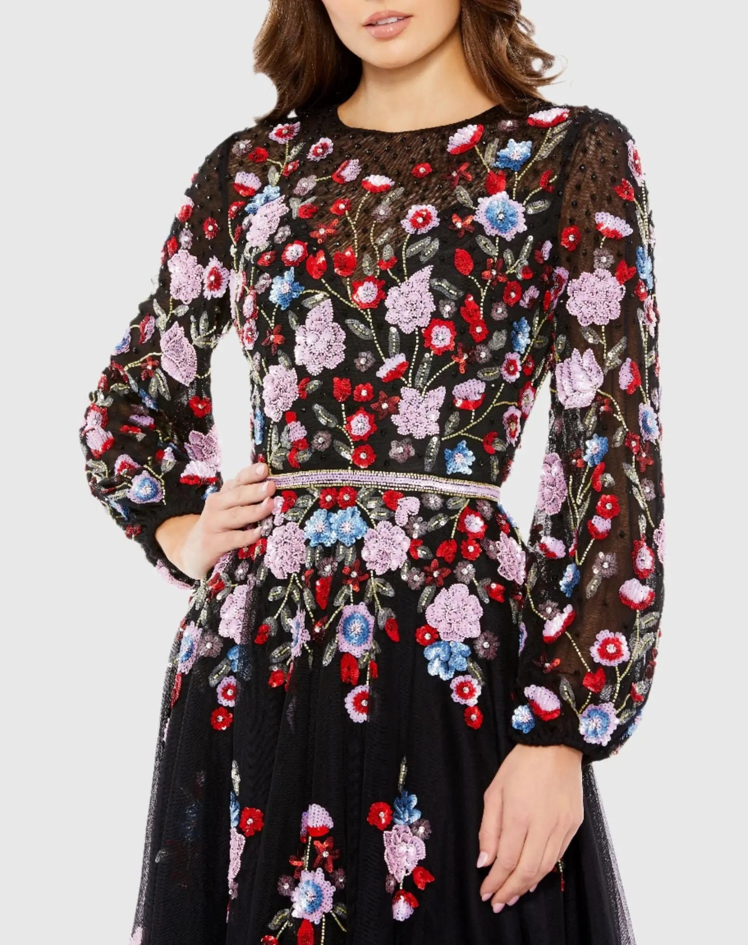 Black Sequined Floral High Neck Puff Sleeve Cocktail Dress-Myartka