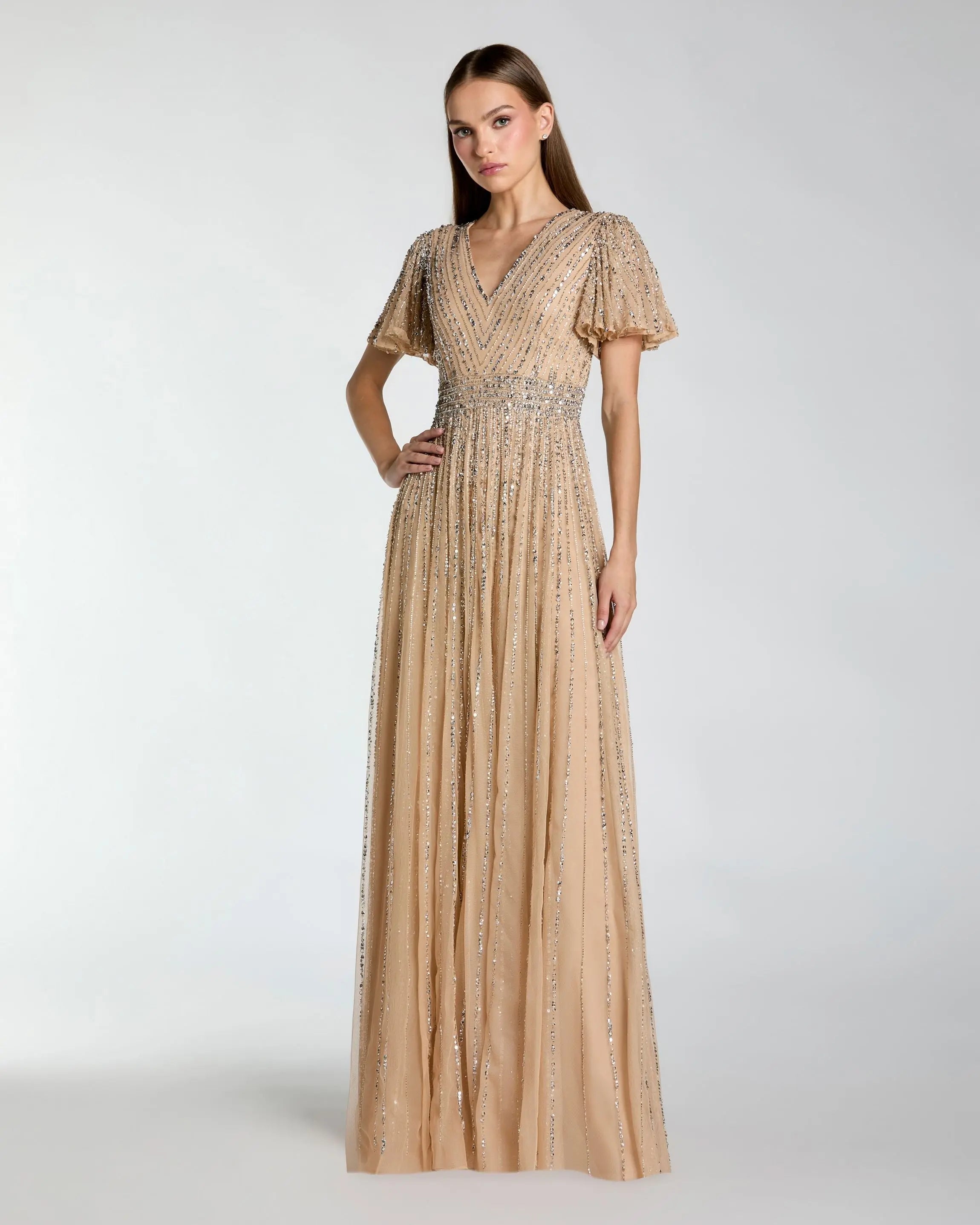Beige Sequin V-Neck Flutter Sleeve Gown-Myartka