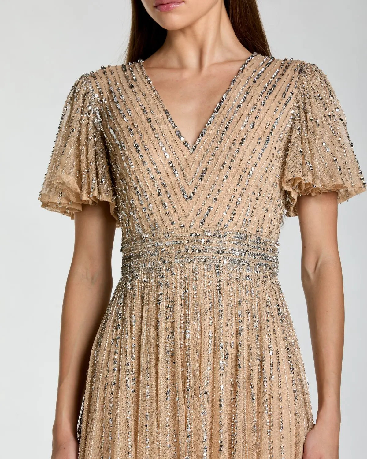 Beige Sequin V-Neck Flutter Sleeve Gown-Myartka