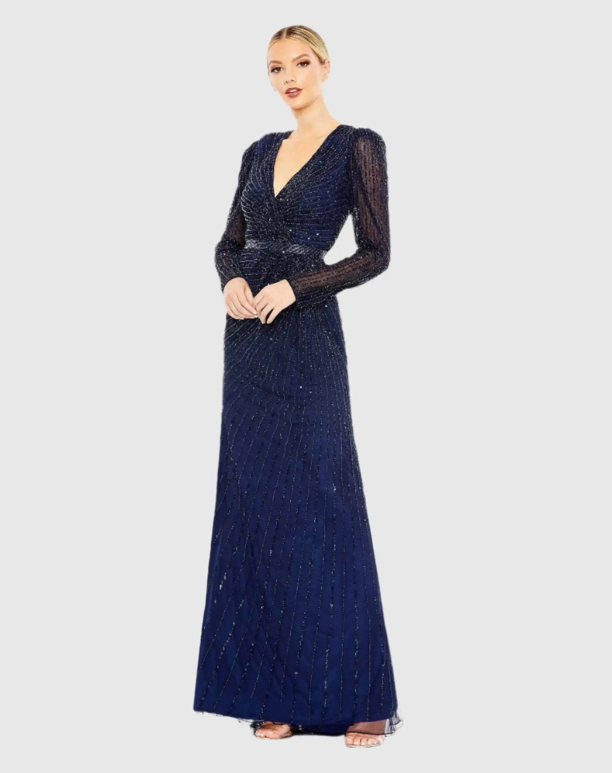 Sequined Wrap Over Long Sleeve Gown-Myartka