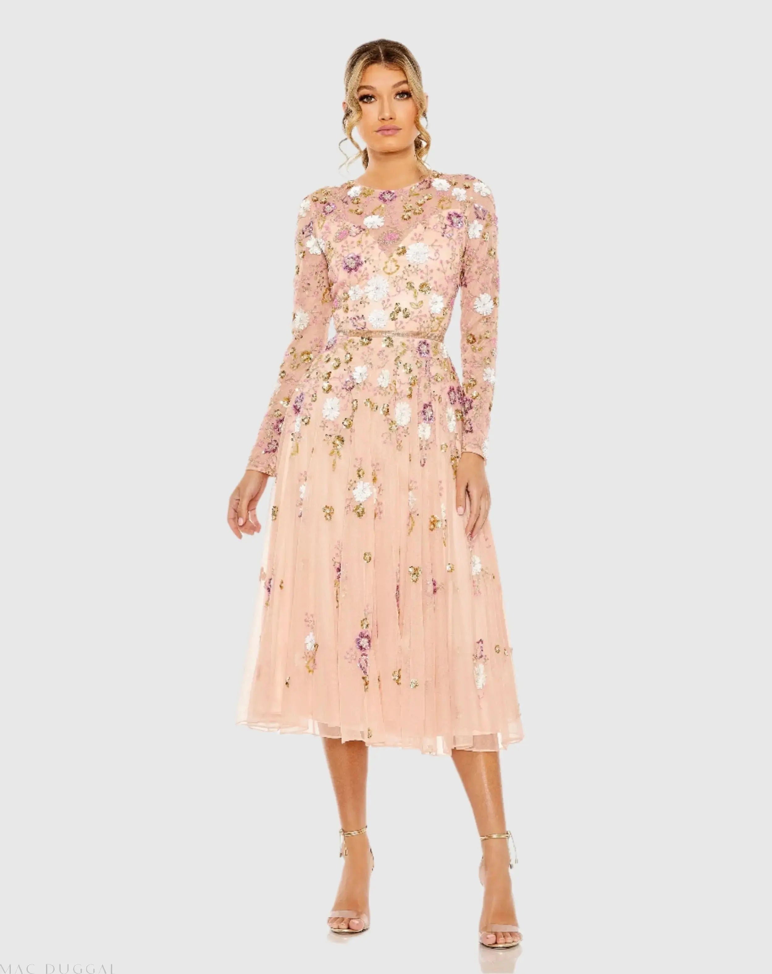 Pink Sequined Floral Long Sleeve High Neck Midi Dress-Myartka