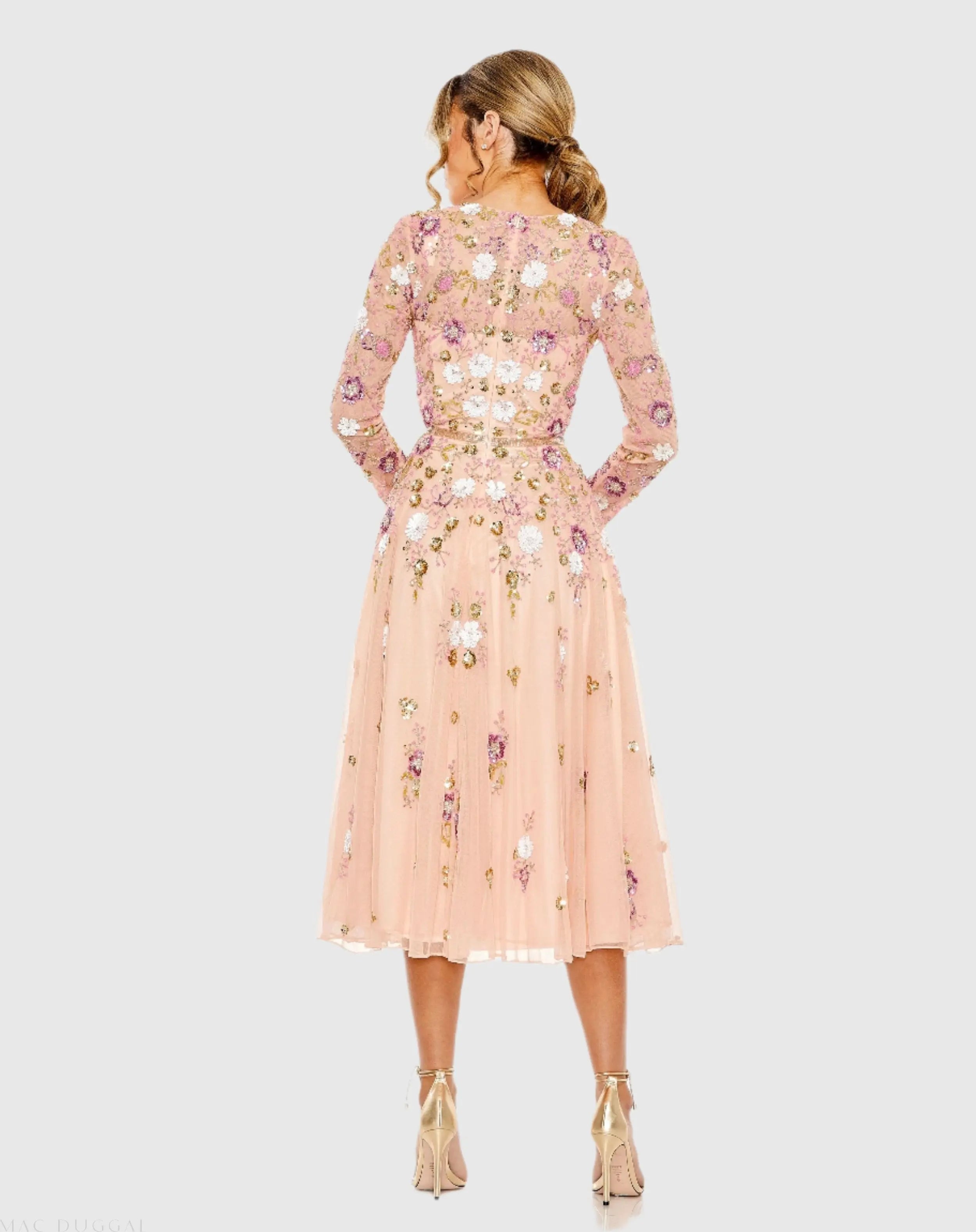 Pink Sequined Floral Long Sleeve High Neck Midi Dress-Myartka