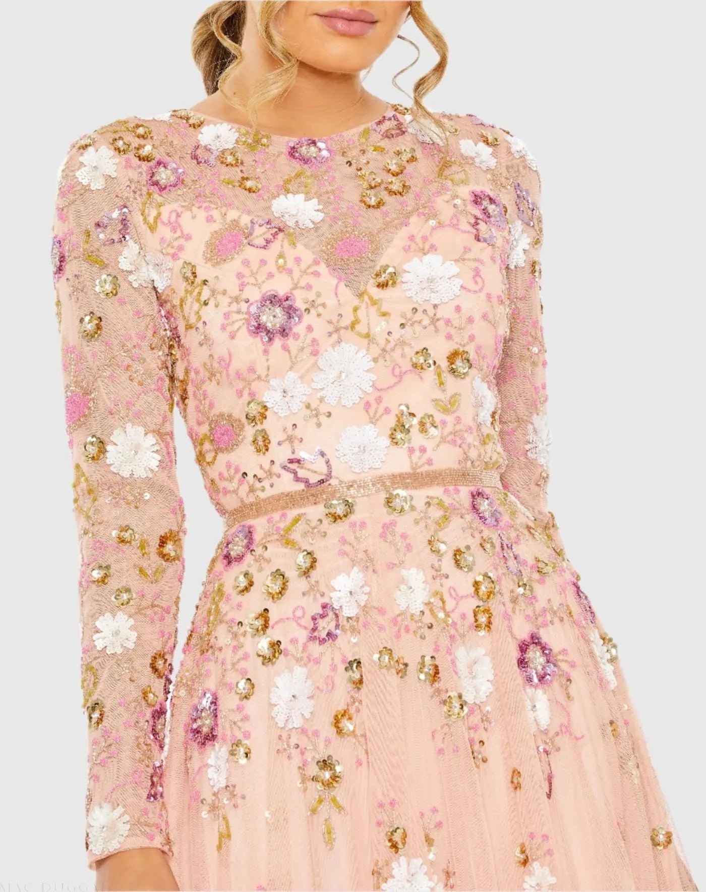 Pink Sequined Floral Long Sleeve High Neck Midi Dress-Myartka