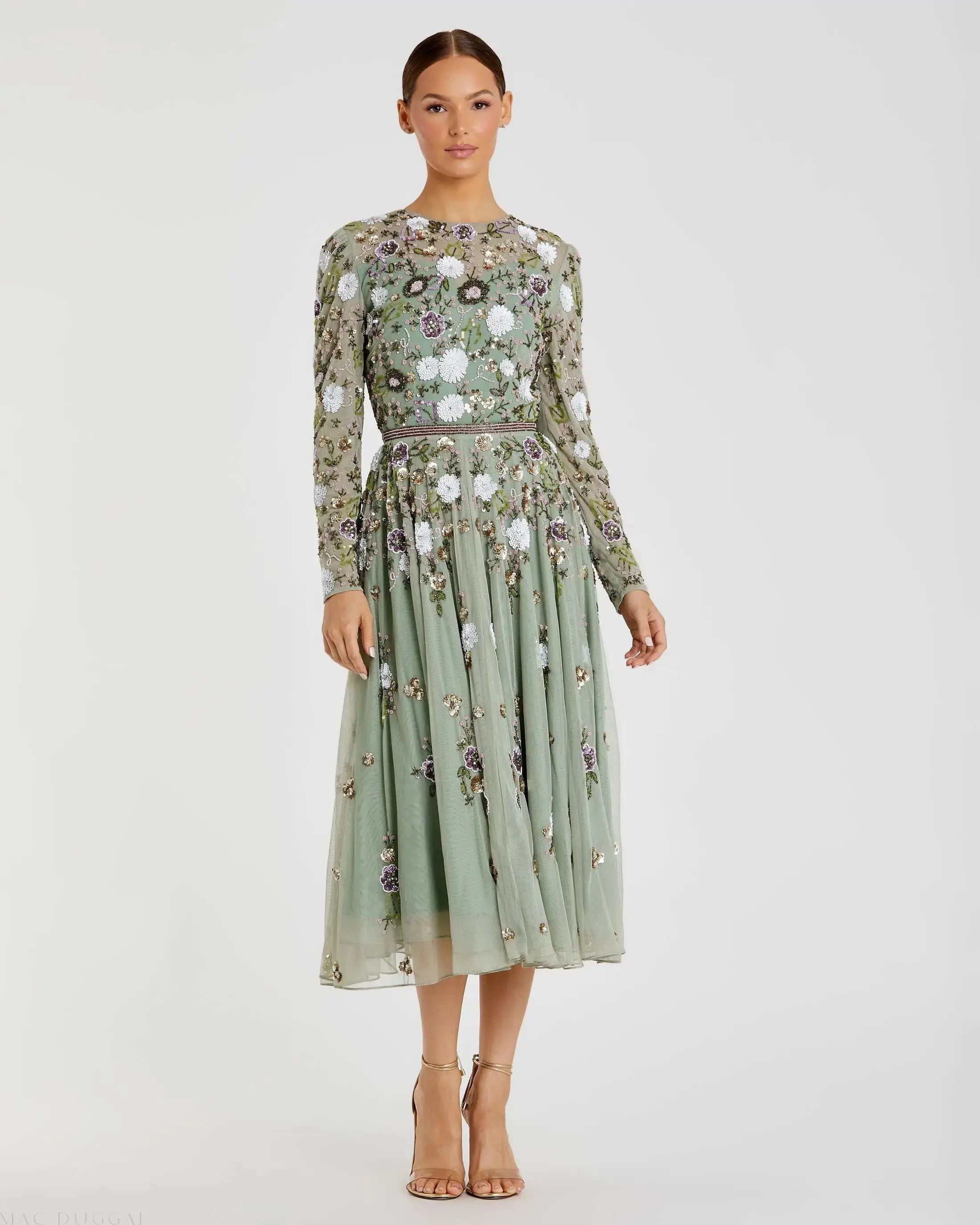Sequined Floral Long Sleeve High Neck Midi Dress-Myartka