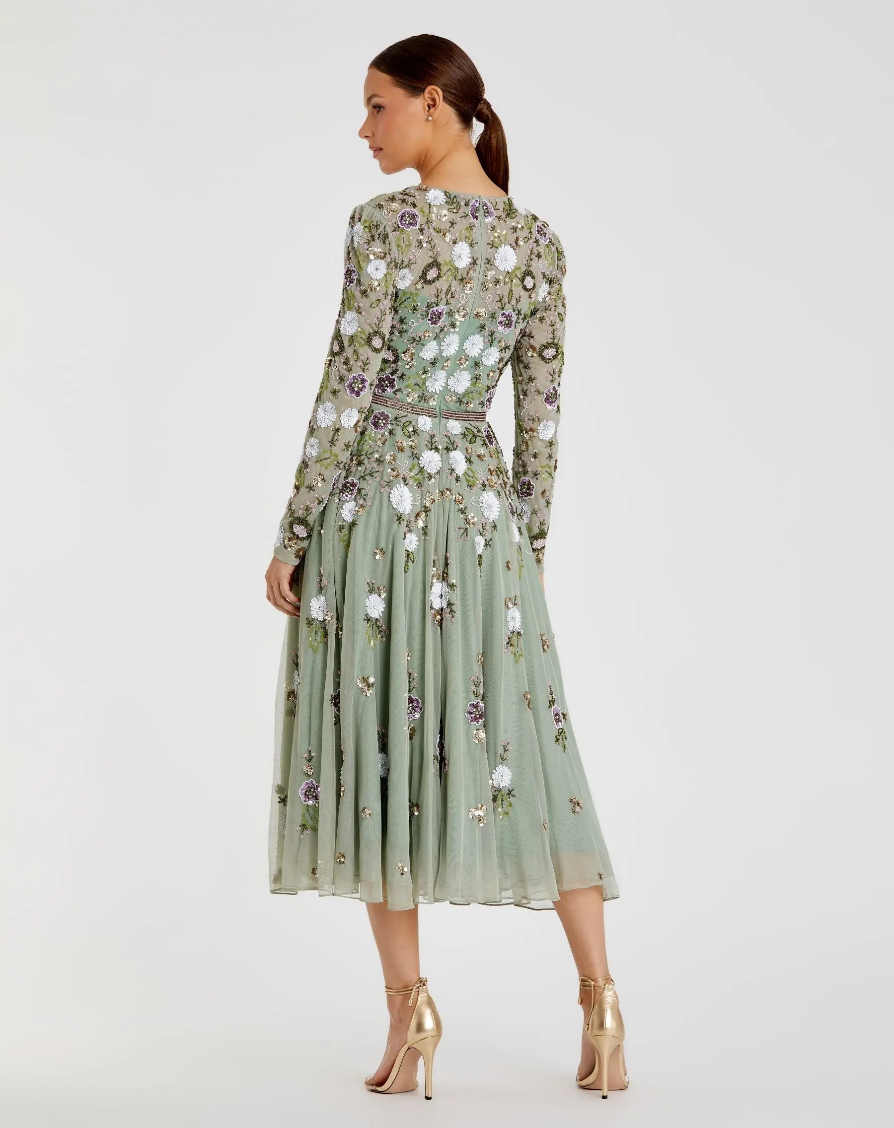 Green Sequined Floral Long Sleeve High Neck Midi Dress-Myartka