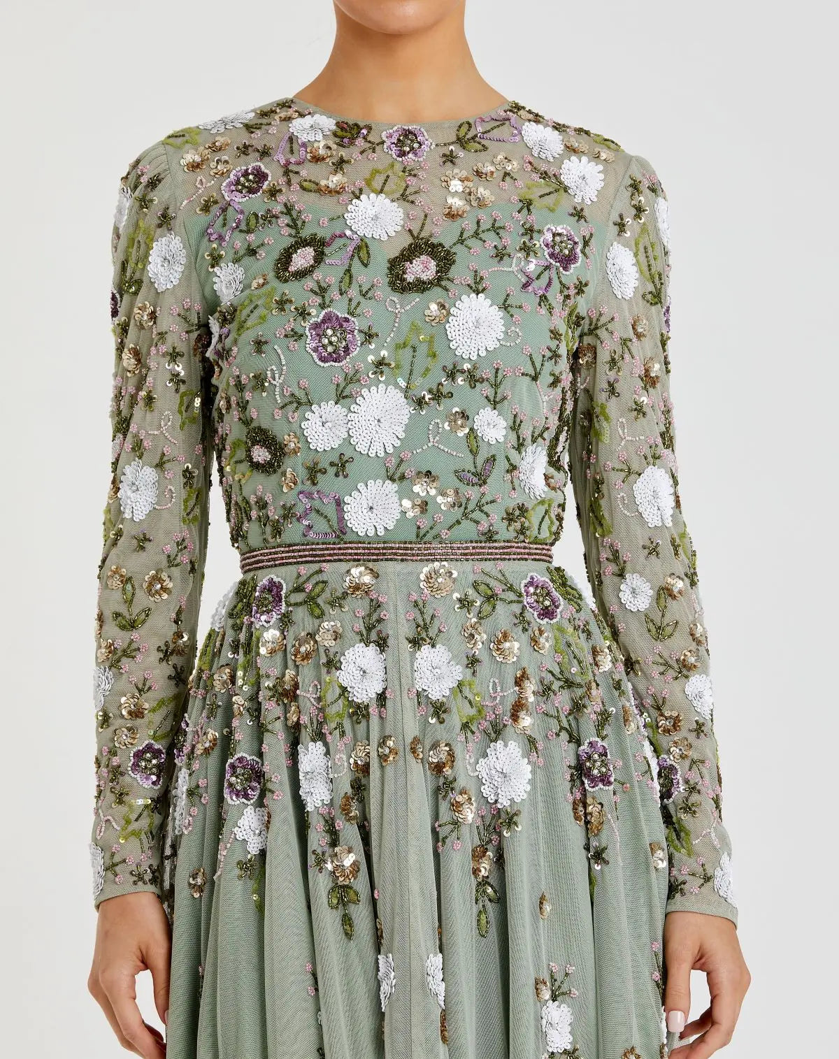 Green Sequined Floral Long Sleeve High Neck Midi Dress-Myartka