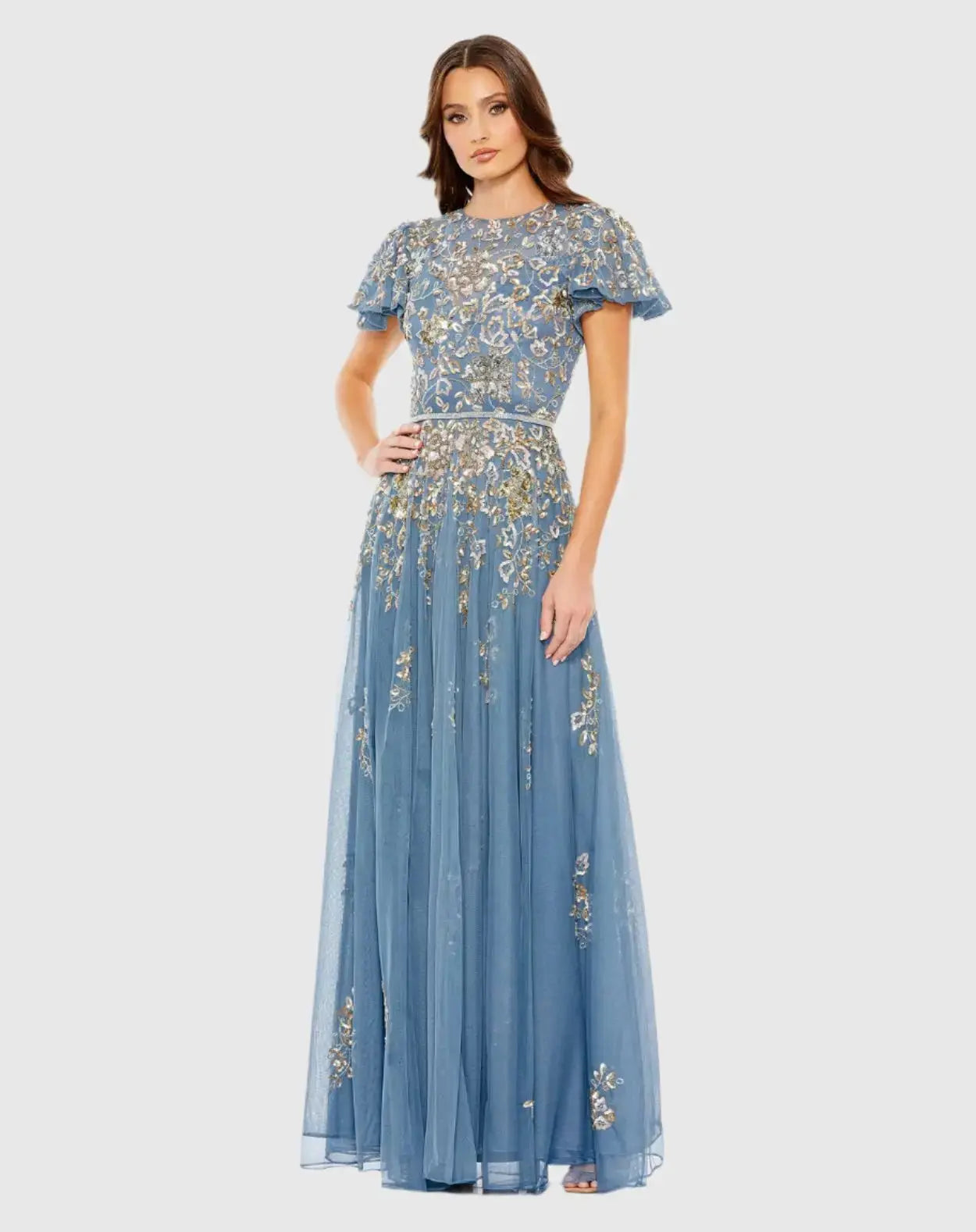 Blue Embellished Butterfly Sleeve High Neck Gown-Myartka