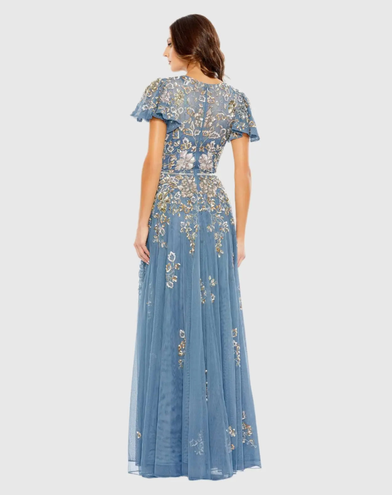 Blue Embellished Butterfly Sleeve High Neck Gown-Myartka