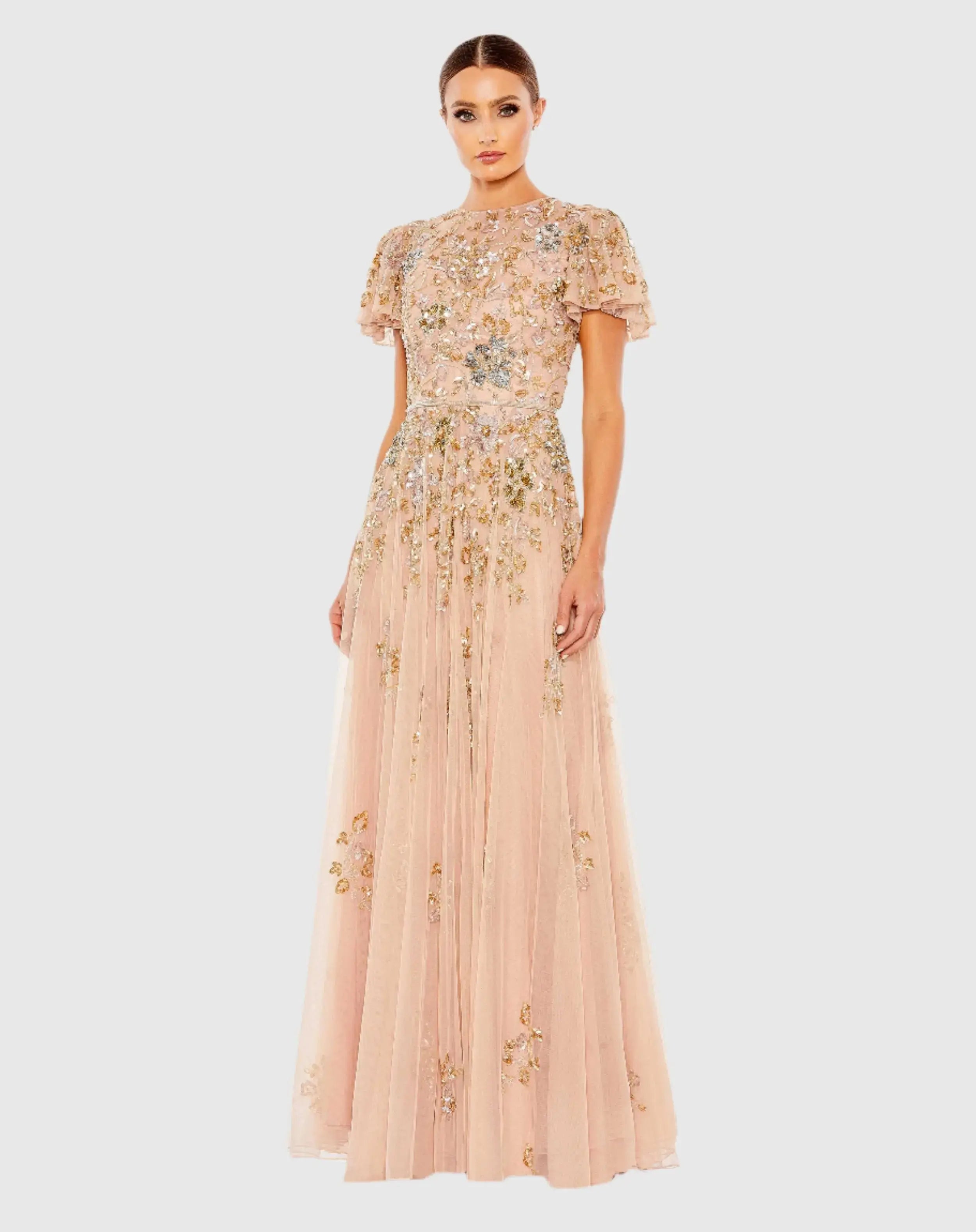 Embellished Butterfly Sleeve High Neck Gown-Myartka