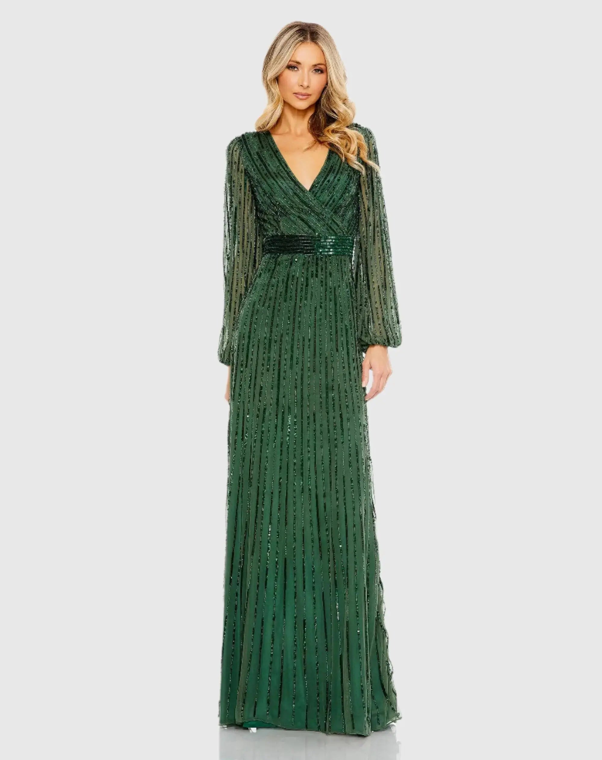 Wrap Over Puff Sleeve Embellished Gown-Myartka