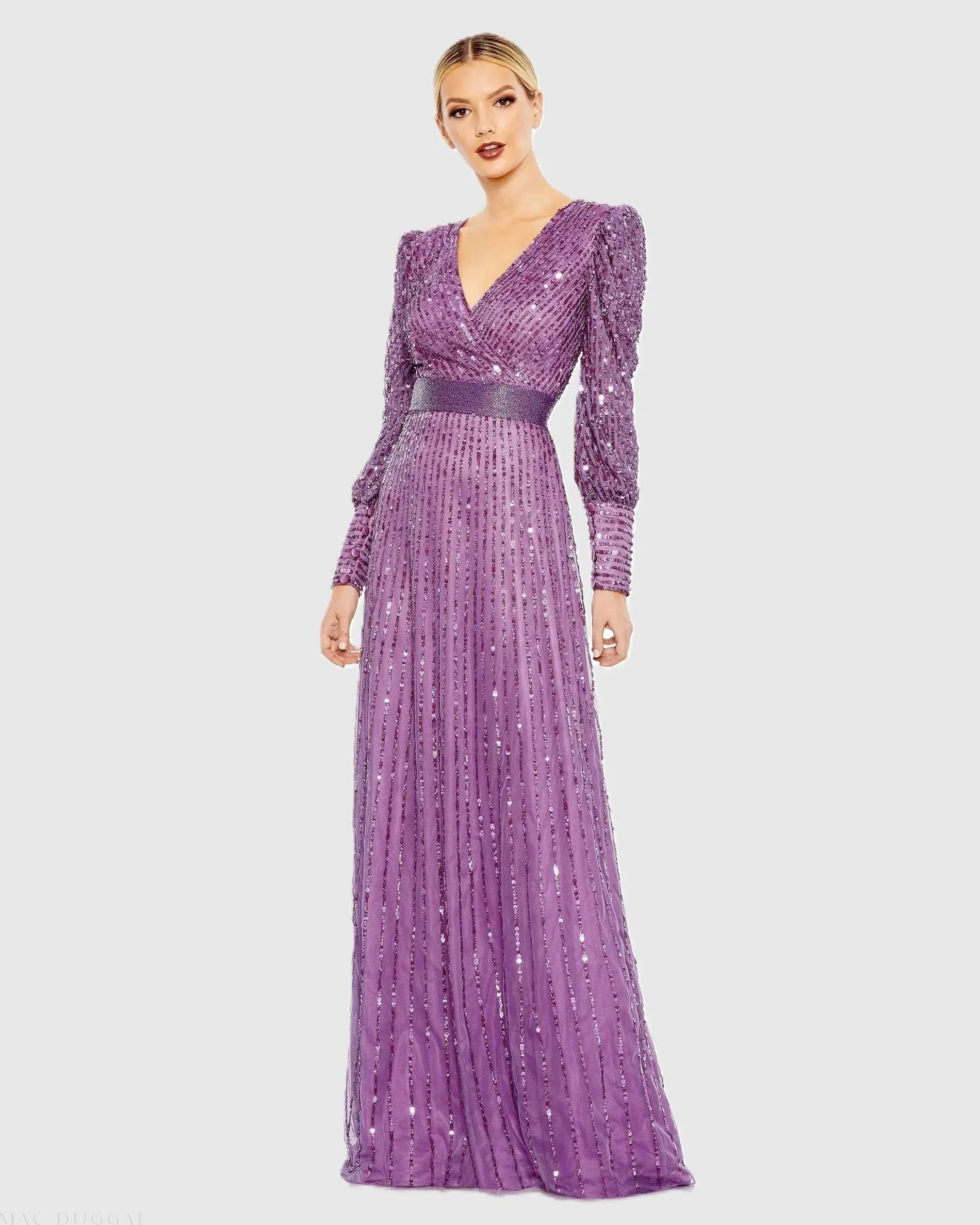 Purple Sequined Wrap Over Bishop Sleeve Gown-Myartka